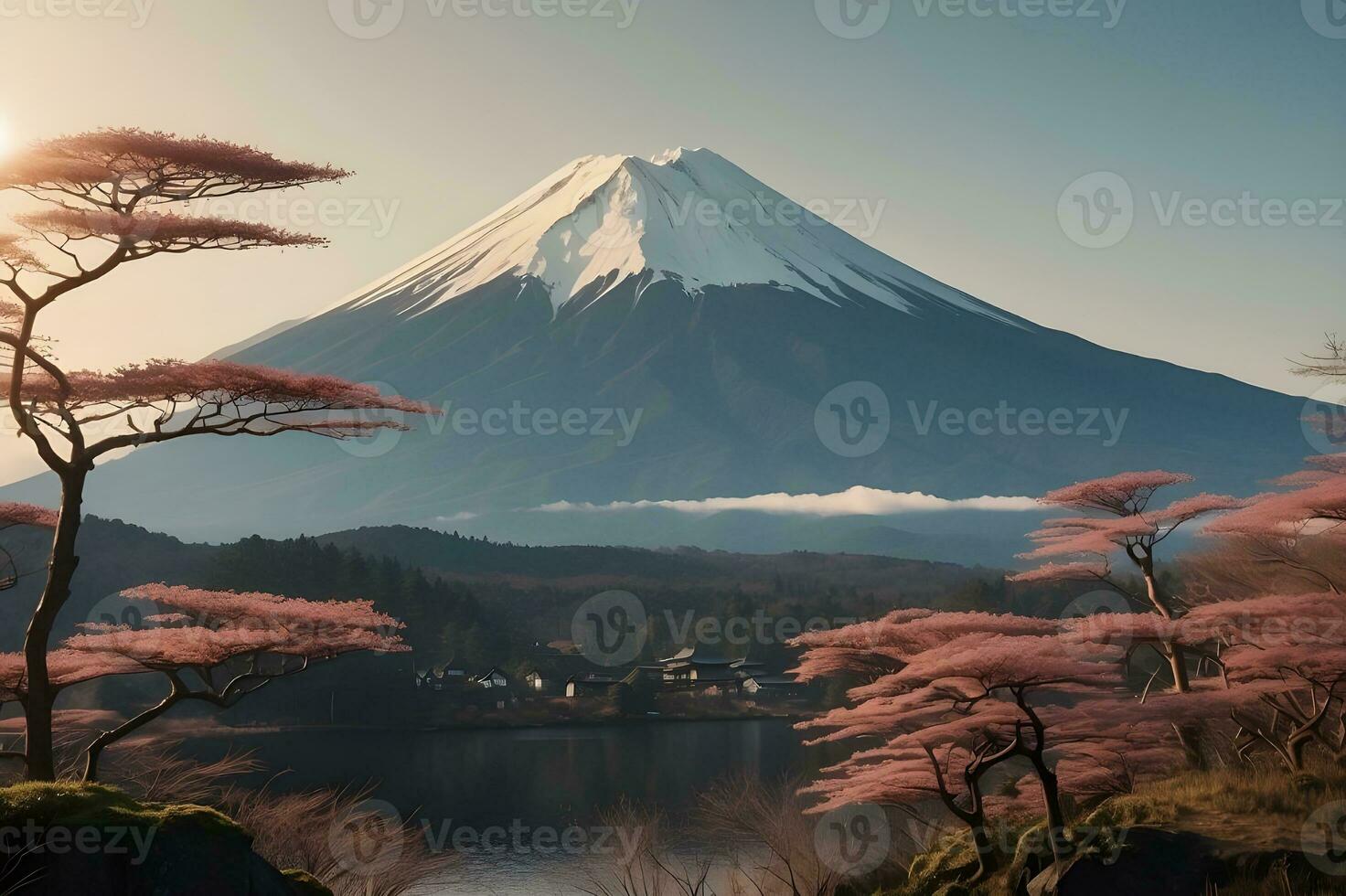 mt fuji en kers bloesem Bij kawaguchiko meer in Japan foto