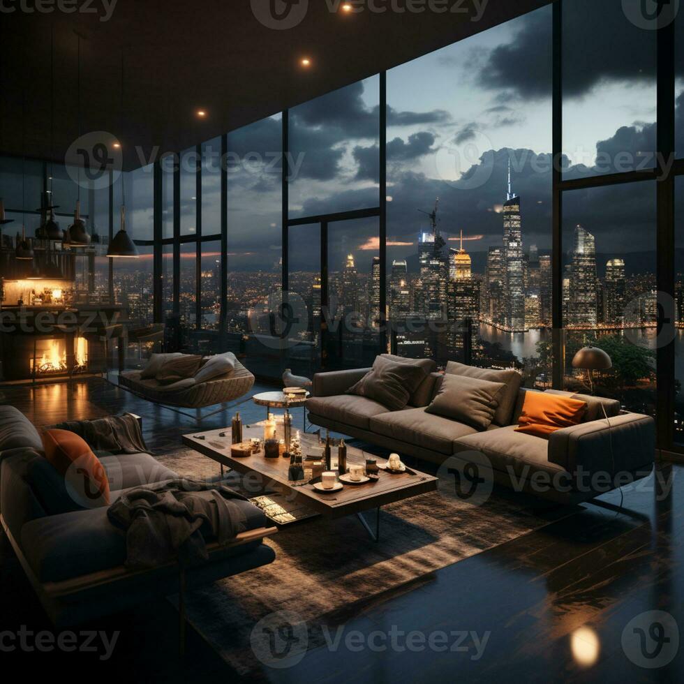 interieur ontwerp modern leven kamer, ramen tonen verbijsterend visie van de stad horizon, leeg kamer appartement, ai generatief foto