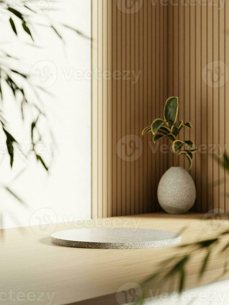 3d wit graniet Scherm podium Aan houten tafel tegen hout plank en wit muur. 3d renderen van realistisch presentatie voor Product reclame. 3d minimaal illustratie. foto