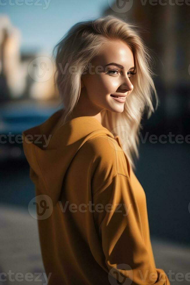 mooi blond jong vrouw vervelend trui capuchon blijven en poseren Aan stad straat. focus met bokeh. generatief ai foto