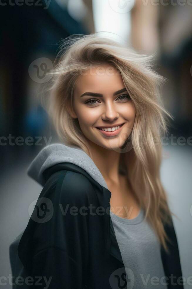 mooi blond jong vrouw vervelend trui capuchon blijven en poseren Aan stad straat. focus met bokeh. generatief ai foto