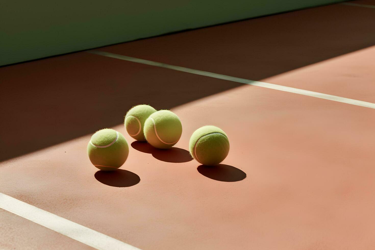 tennis ballen Aan de tennis rechtbank met schaduw Aan de verdieping ai gegenereerd foto