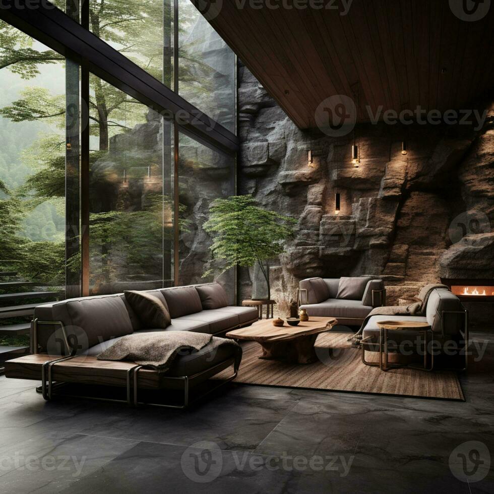 interieur ontwerp, leven kamer met sereen natuur visie, mooi herenhuis ontwerp in de Woud, ai generatief foto