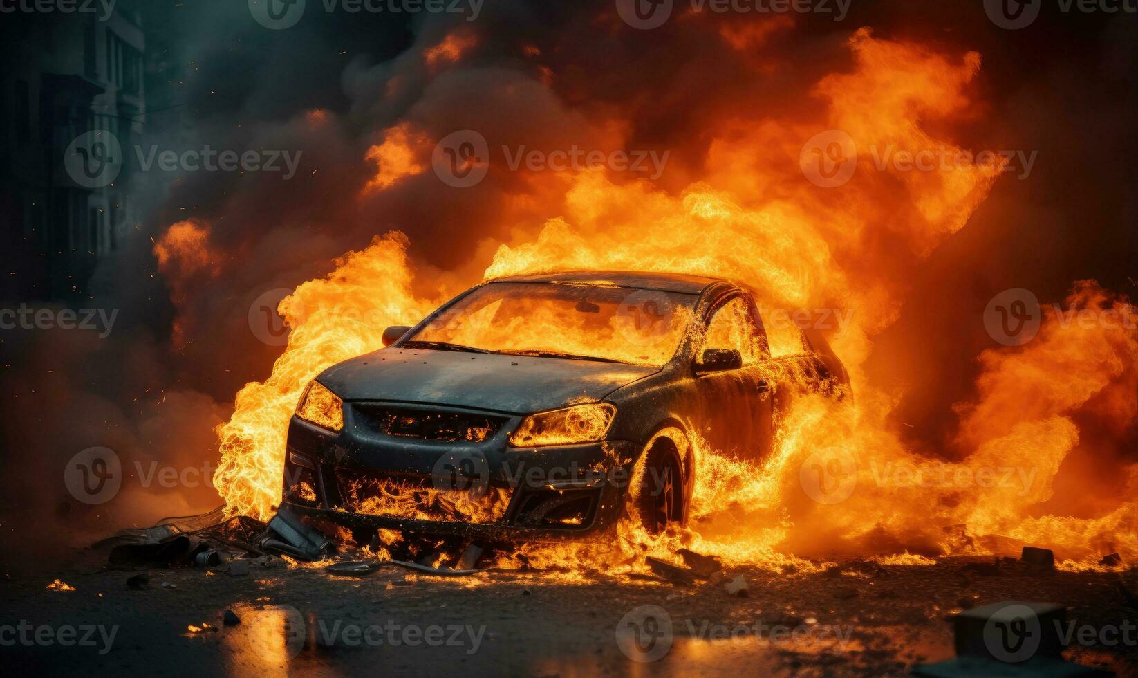 brandend auto emitting dik rook Aan een straat. ai generatief. foto