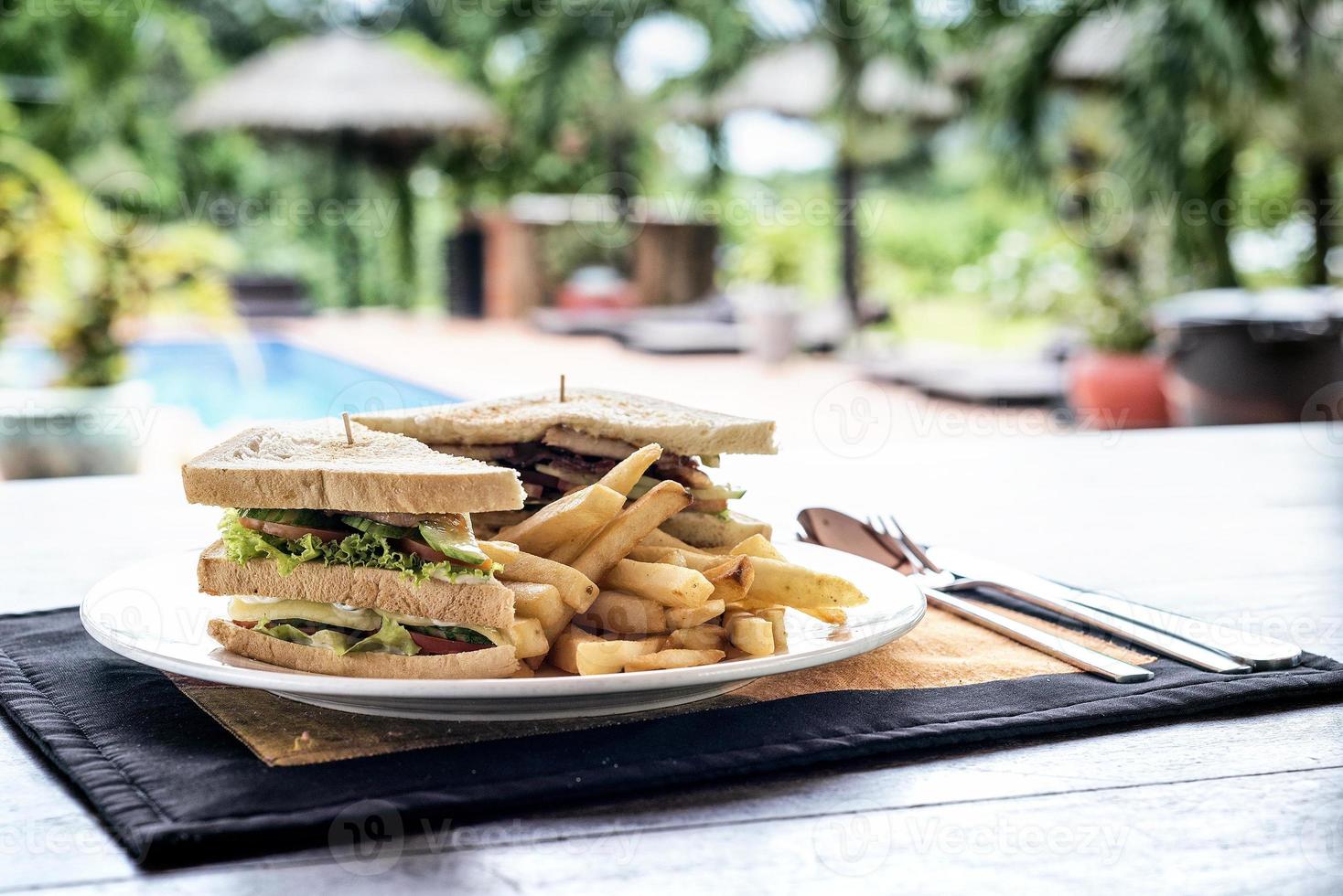 clubsandwich snack met frietjes op bord foto