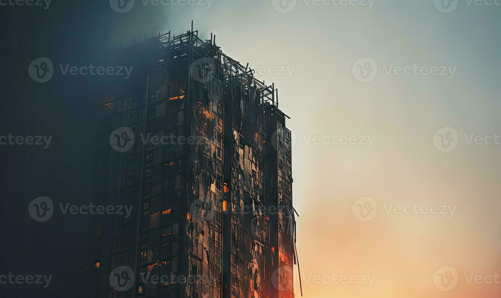 torenhoog gebouw overspoeld in een woest vuur, met rook golvend. ai generatief. foto