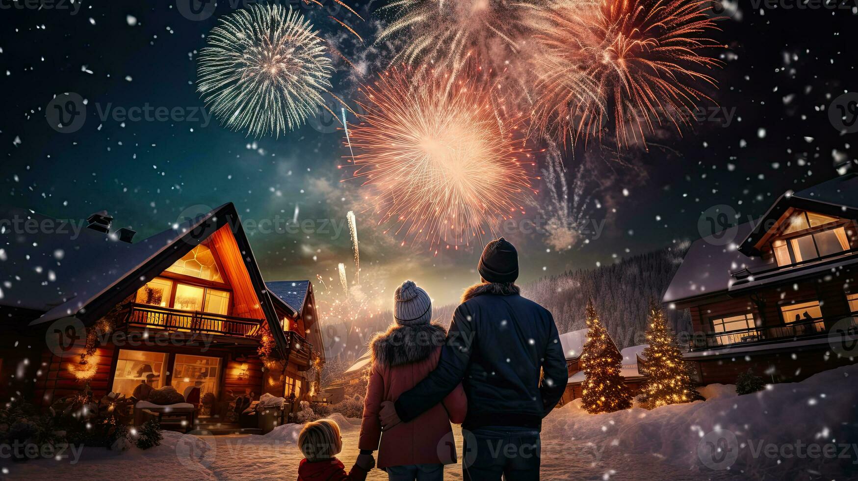 gelukkig familie aan het kijken vuurwerk en Kerstmis boom Bij nacht. nieuw jaar viering concept. foto