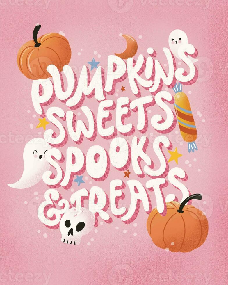 gelukkig halloween illustratie met hand- belettering bericht en schattig geesten en pompoenen foto