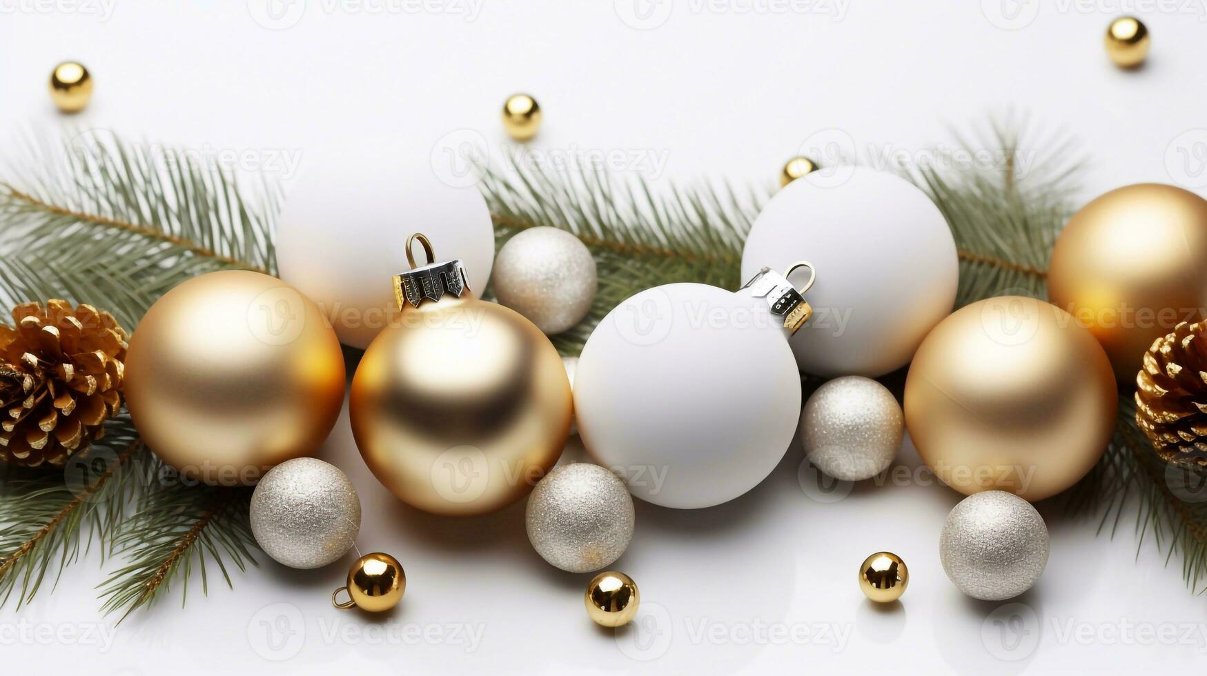 een beeld van Kerstmis en nieuw jaar achtergrond. gouden en zilver decoraties Aan een wit achtergrond. generatief ai foto