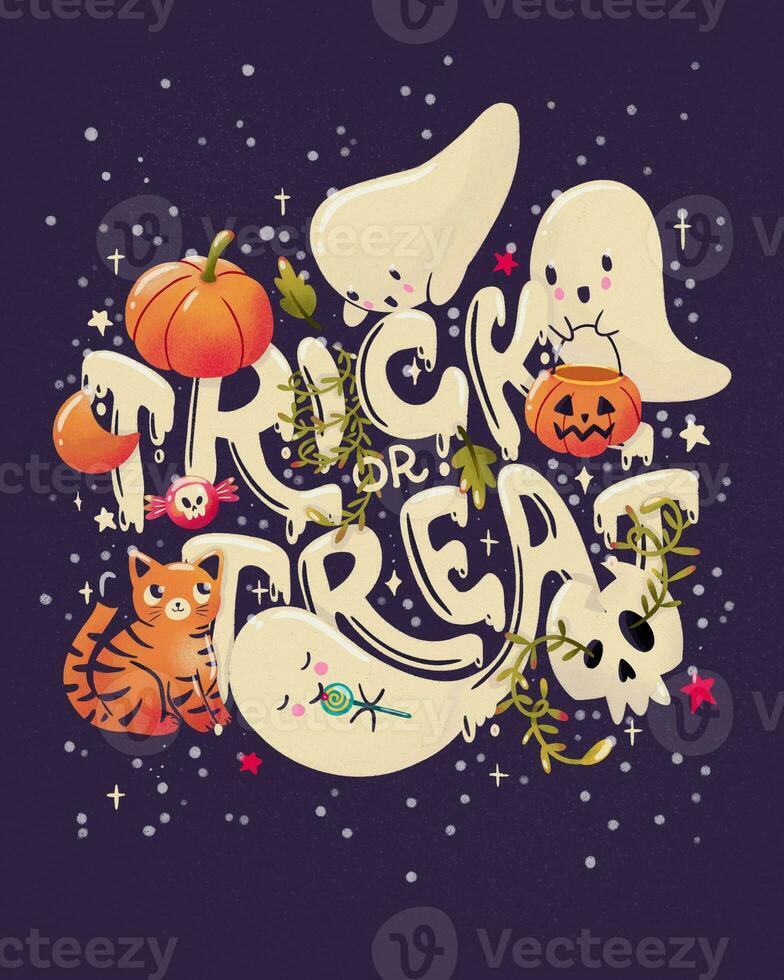 gelukkig halloween illustratie met hand- belettering bericht en schattig geesten, kat, schedel en pompoenen, donker. truc of traktatie. foto