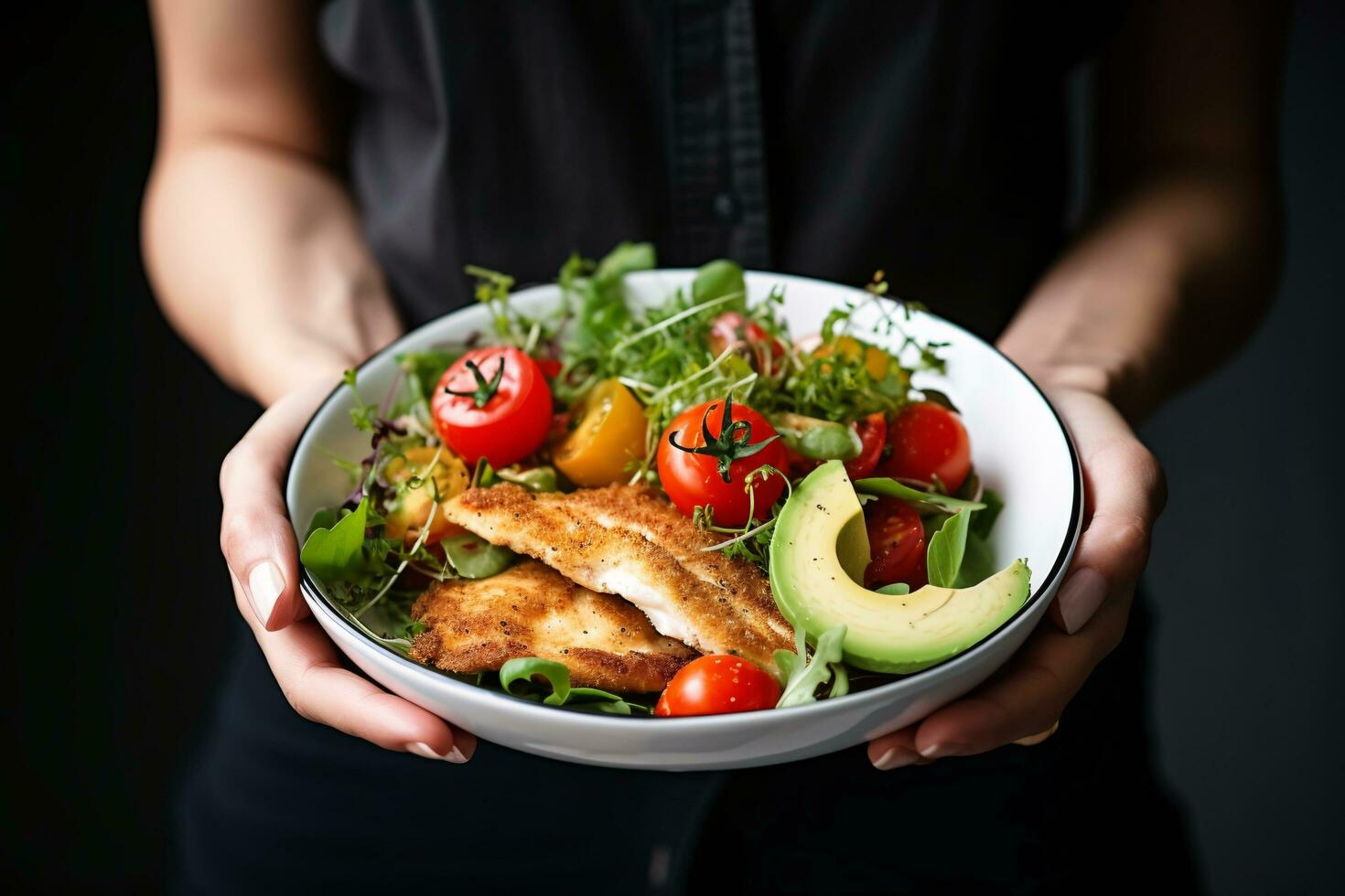 salade met gebakken vis avocado tomaten komkommers en kruiden in vrouw handen. ai gegenereerd foto