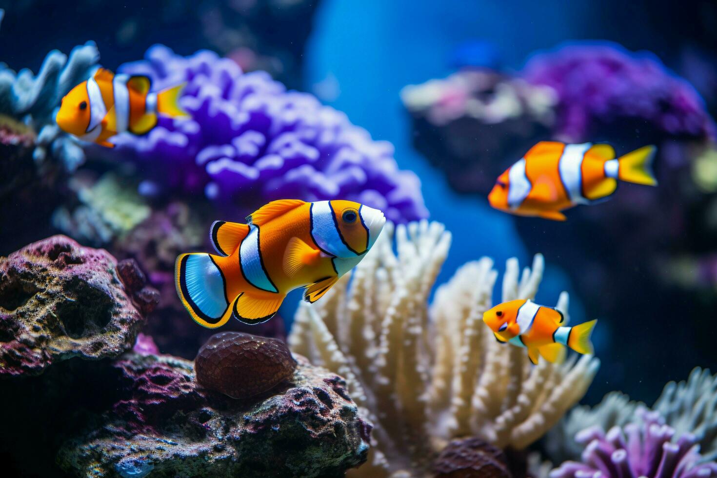 clown vis en blauw Malawi cichliden zwemmen in de buurt koraal ai gegenereerd foto