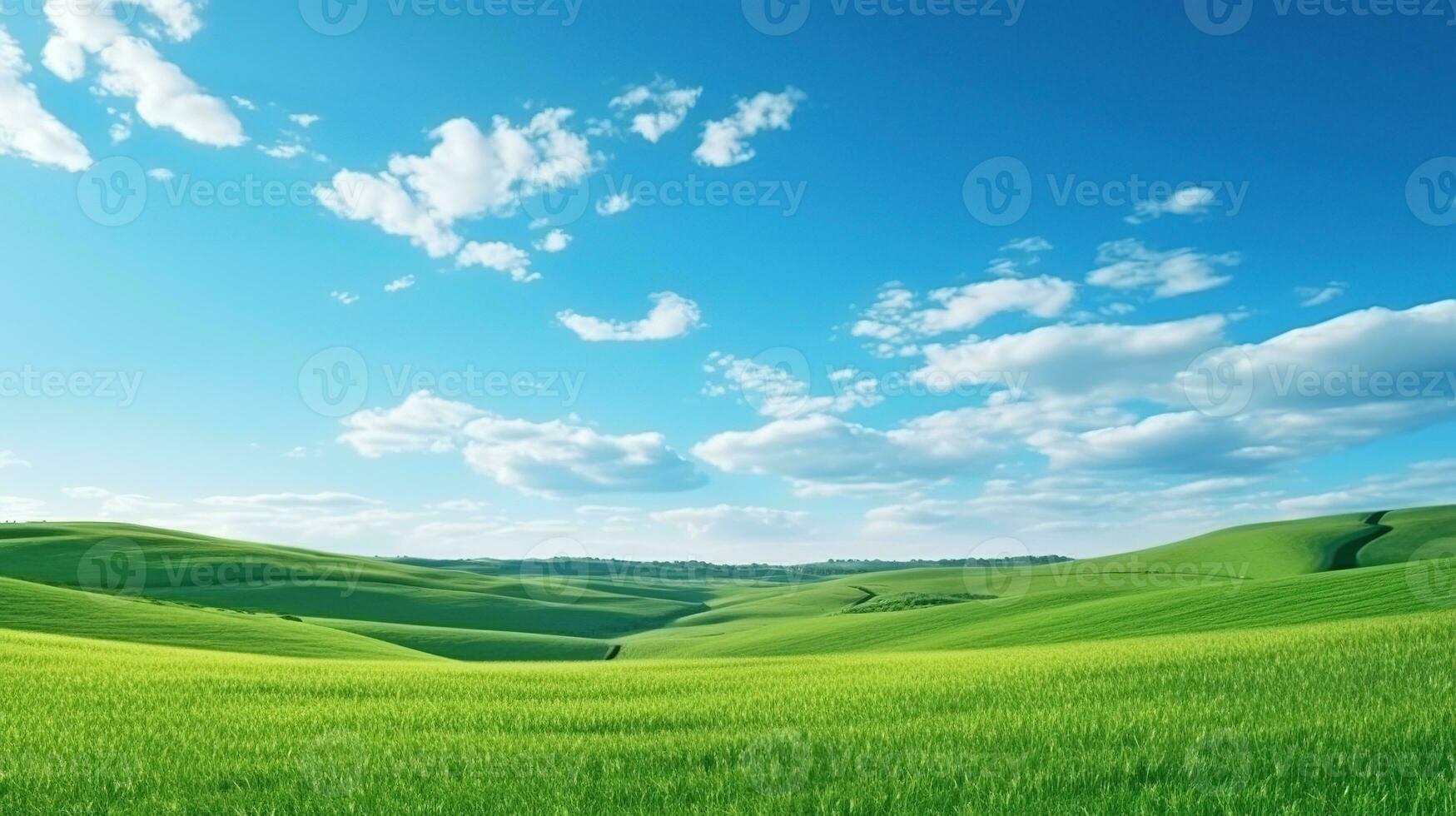 natuurlijk toneel- panorama groen veld- met blauw lucht foto