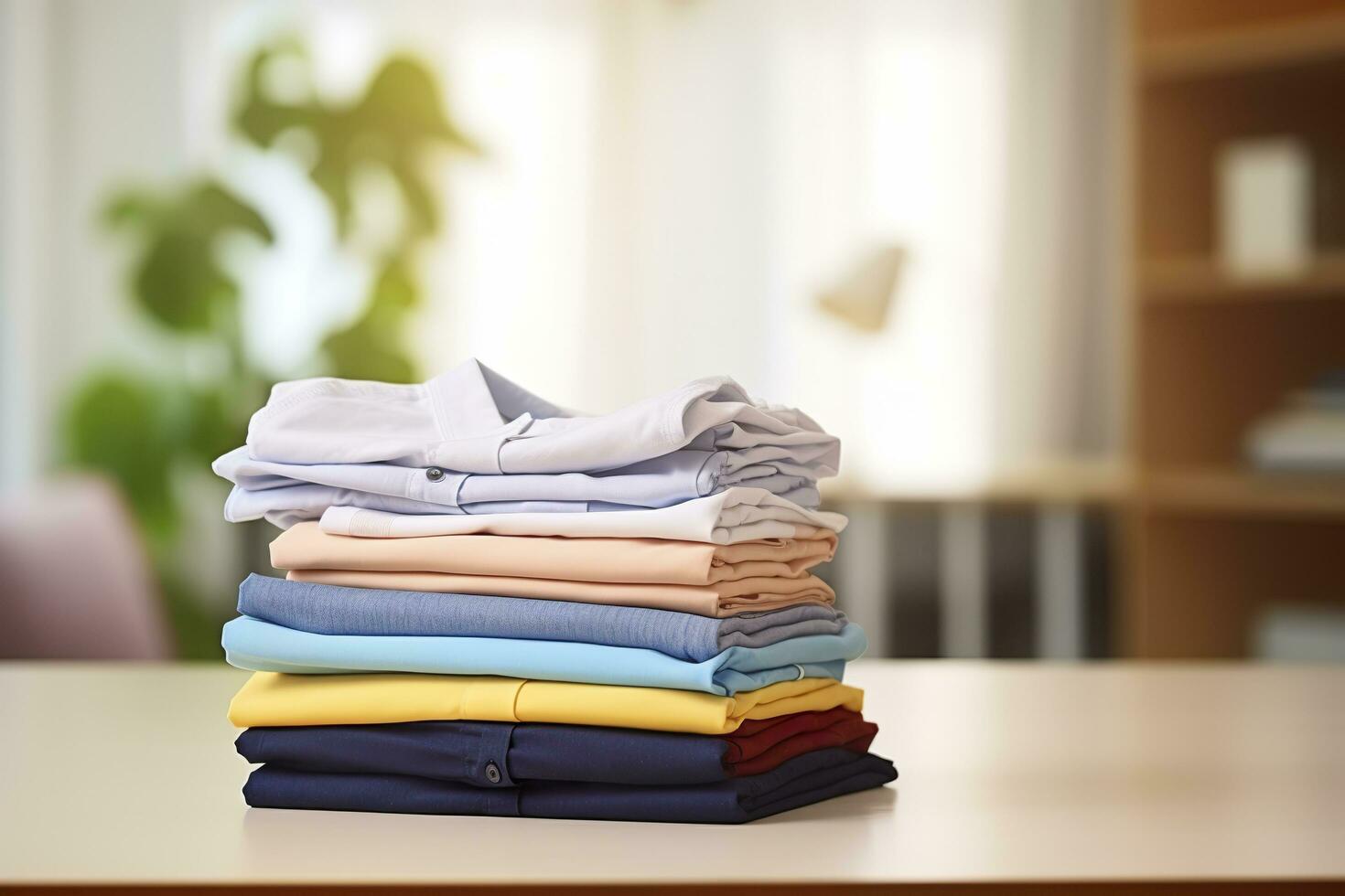 stack van schoon kleren Aan tafel in kamer. generatief ai foto