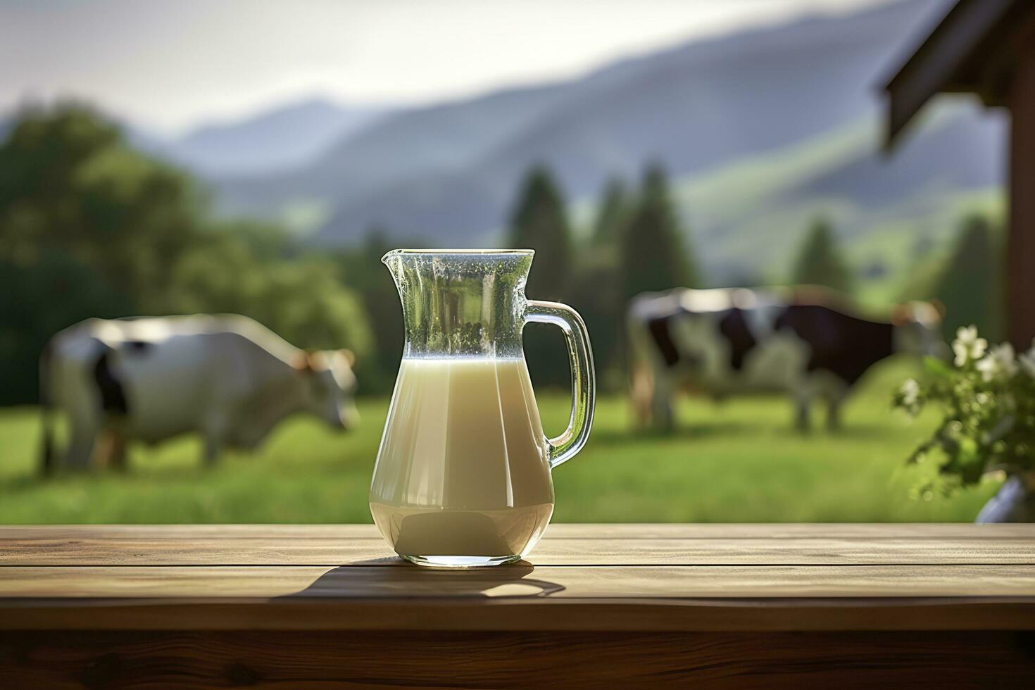 glas werper met vers melk Aan een houten tafel. ai gegenereerd foto