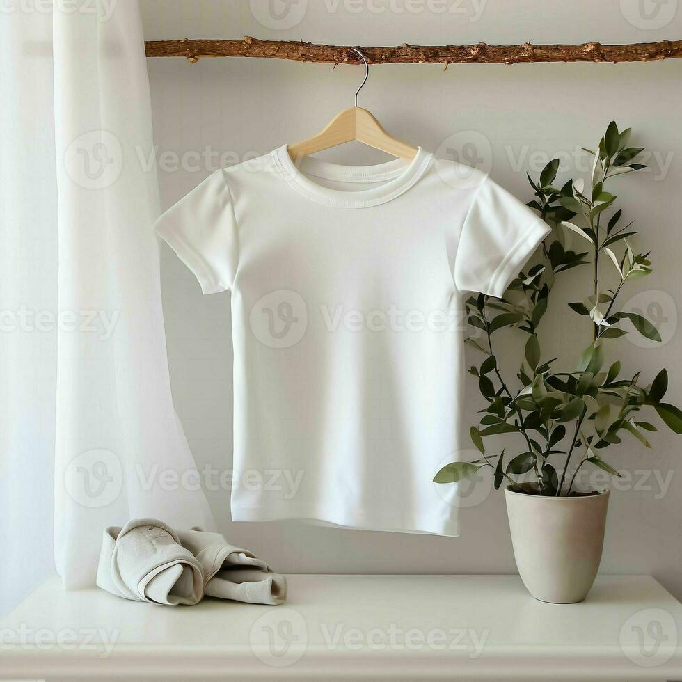 wit blanco baby t-shirt mockup in interieur. zacht beige interieur voor baby.ai generatie foto