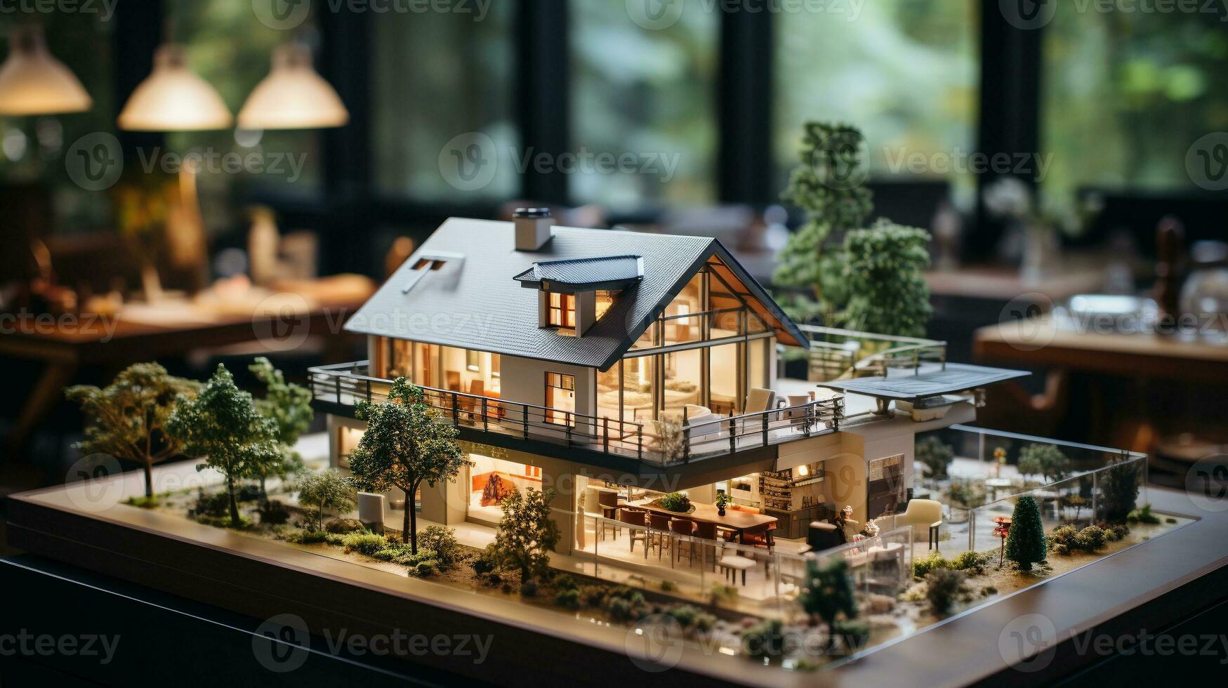 klein schaal model- van een hedendaags huis ontwerp Aan de tafel in een echt landgoed kantoor. generatief ai. foto