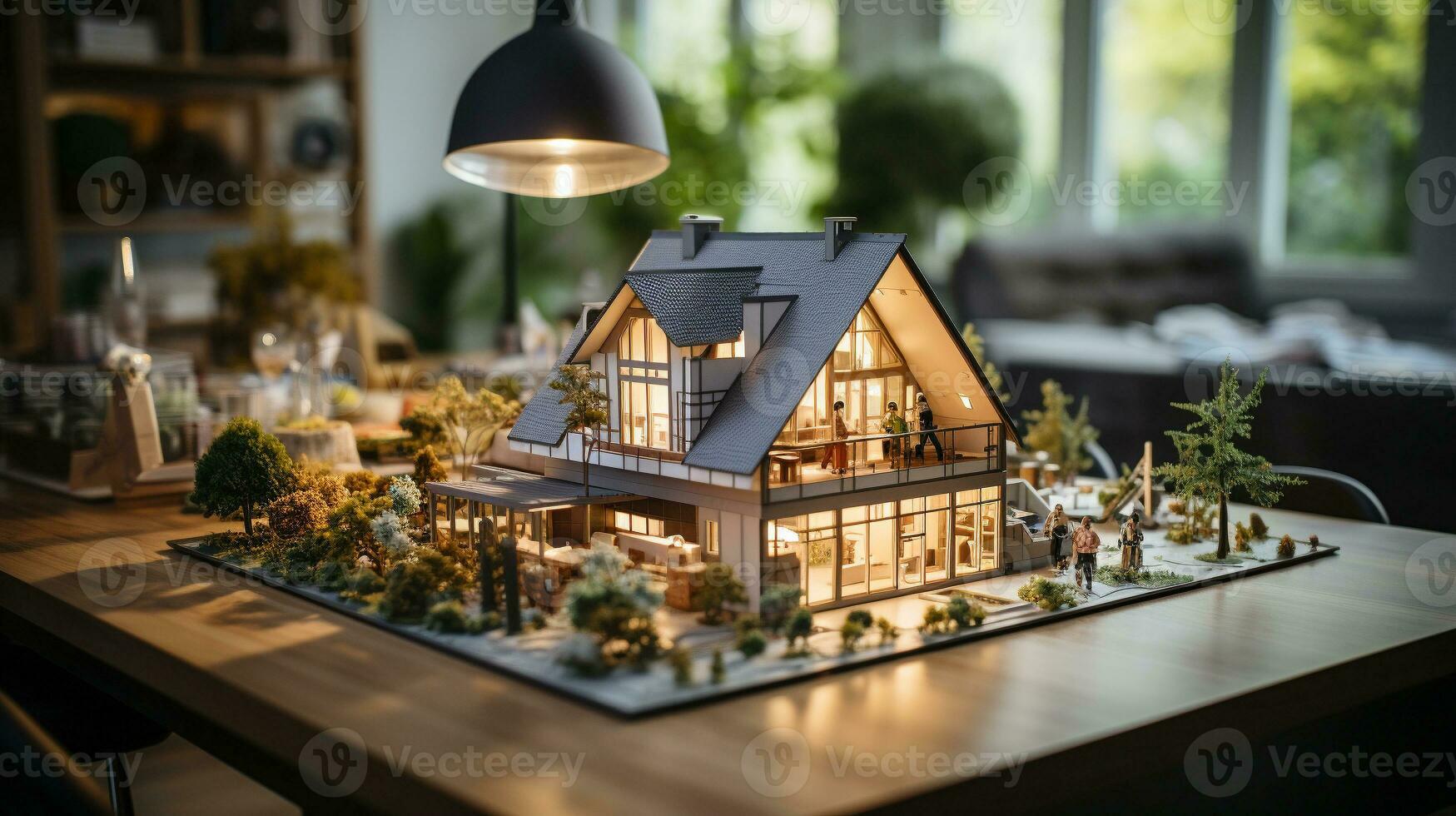 klein schaal model- van een hedendaags huis ontwerp Aan de tafel in een echt landgoed kantoor. generatief ai. foto