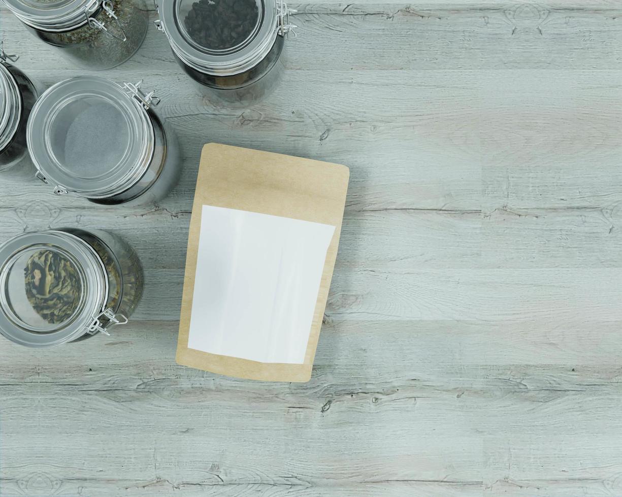 papieren zakken en potten op een witte houten vloer foto