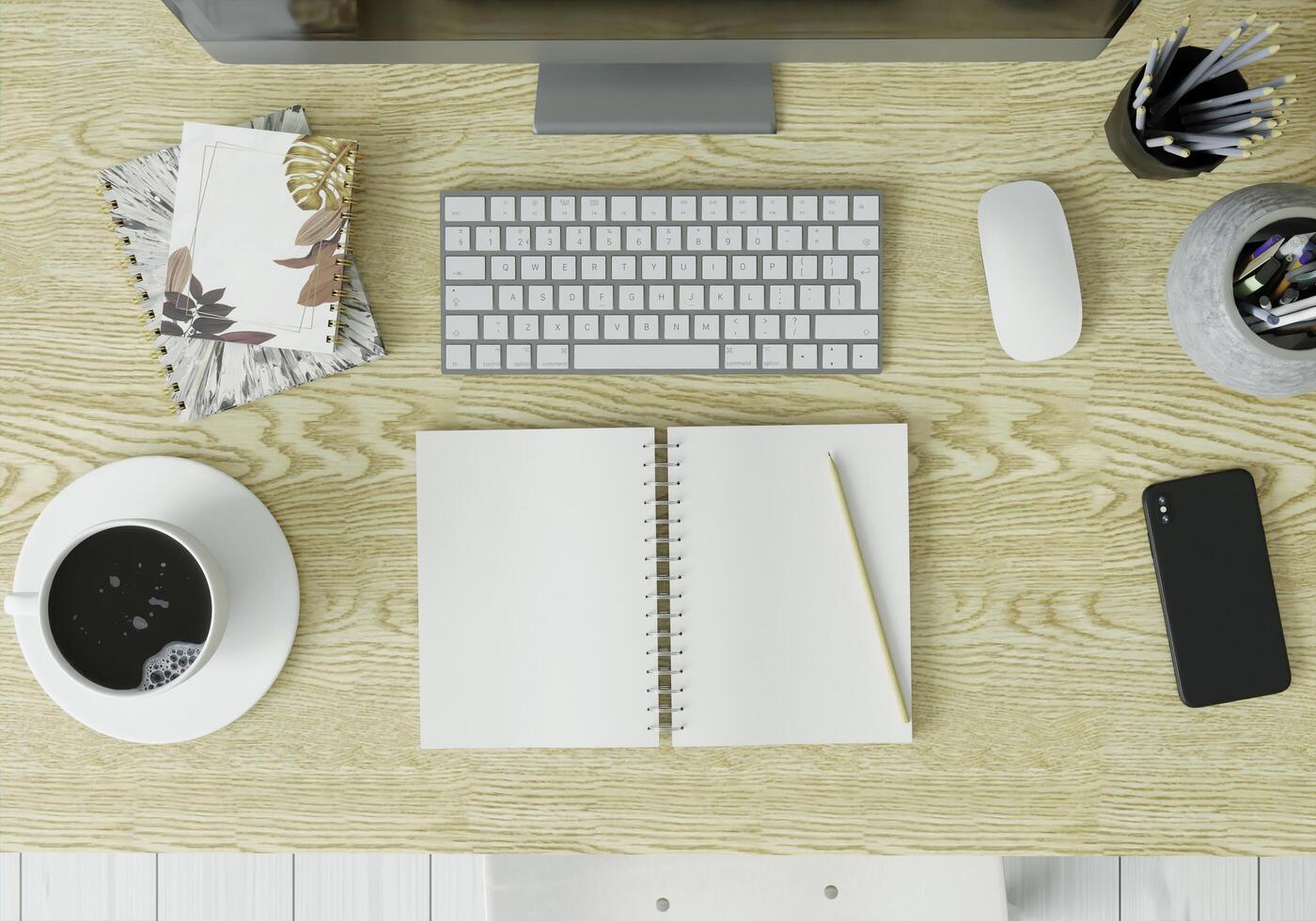 werkkamers met pc's, boeken, pennen en smartphones op tafel. foto