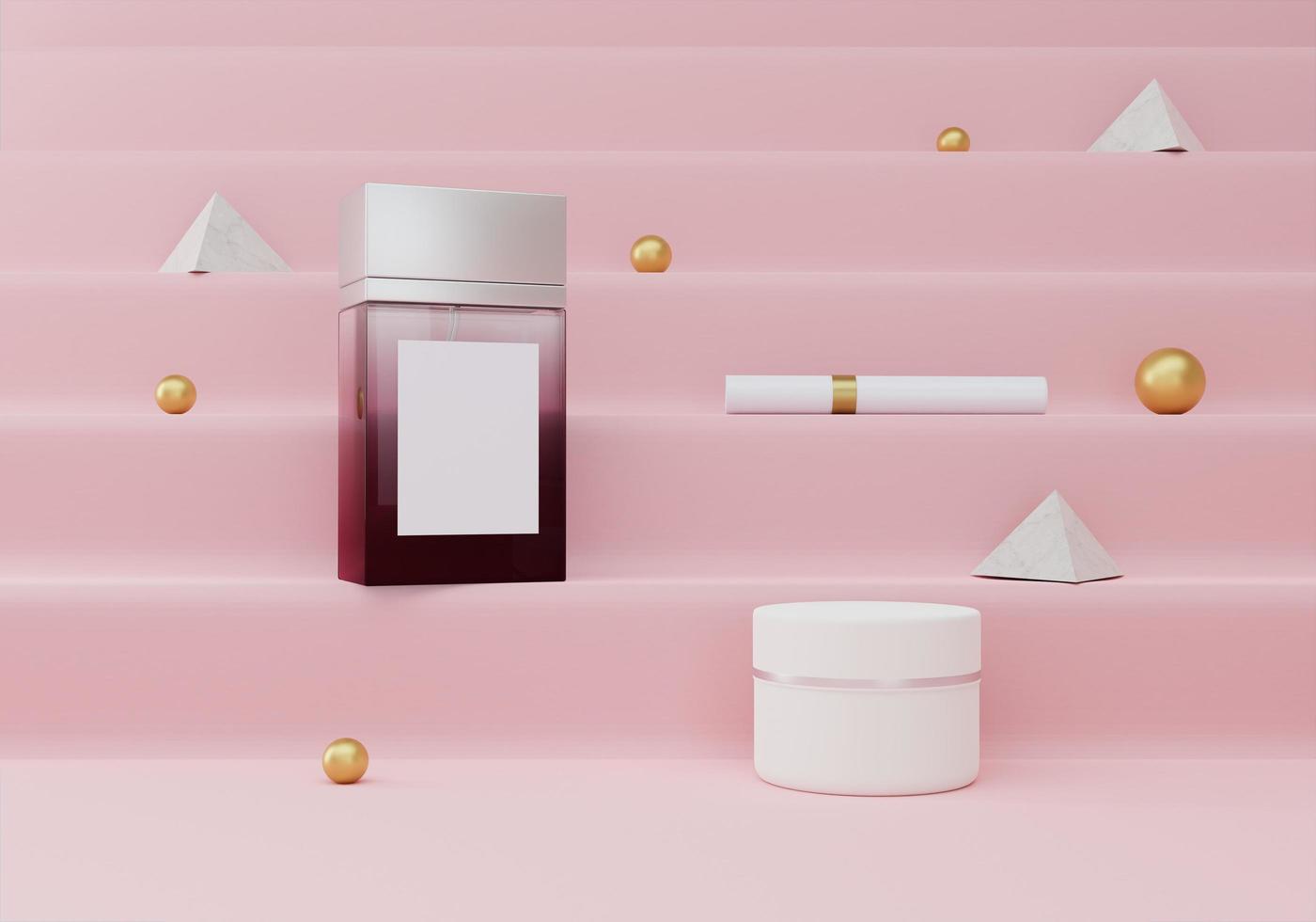 vierkante parfumflesjes en crèmepotjes op roze achtergrond foto