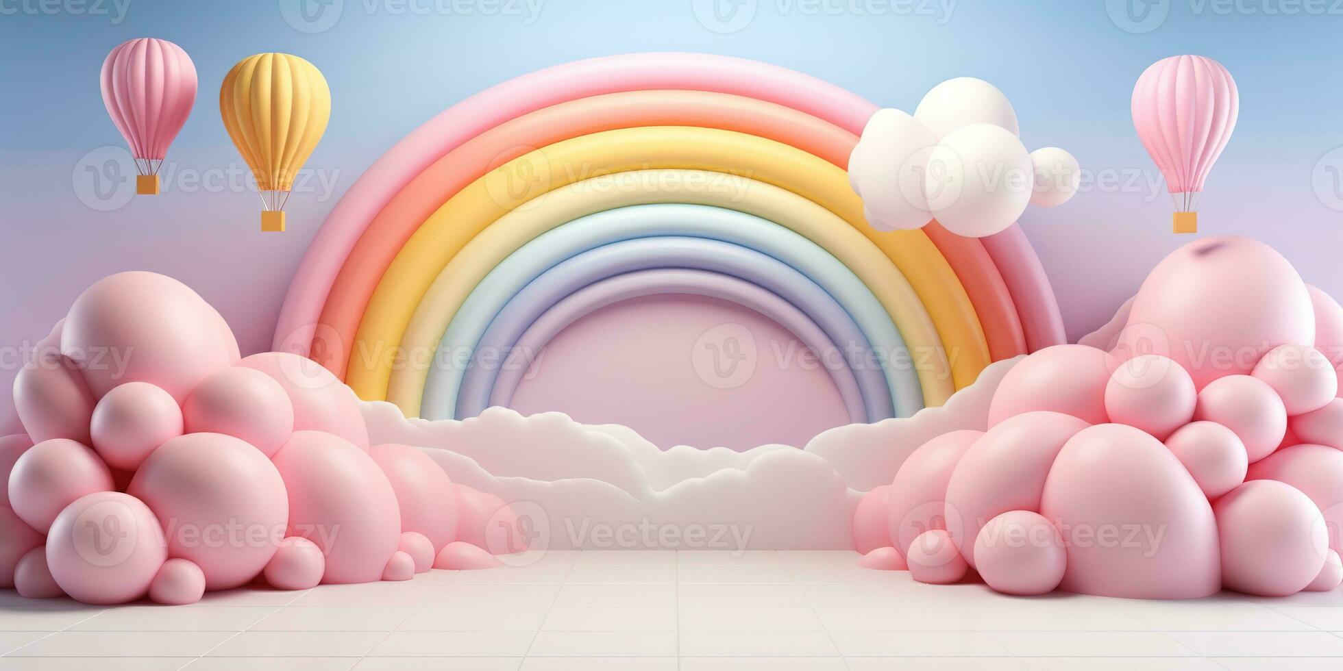 generatief ai, regenboog en kleurrijk ballonnen. verjaardag partij 3d achtergrond. model, sjabloon voor begroeting kaart foto