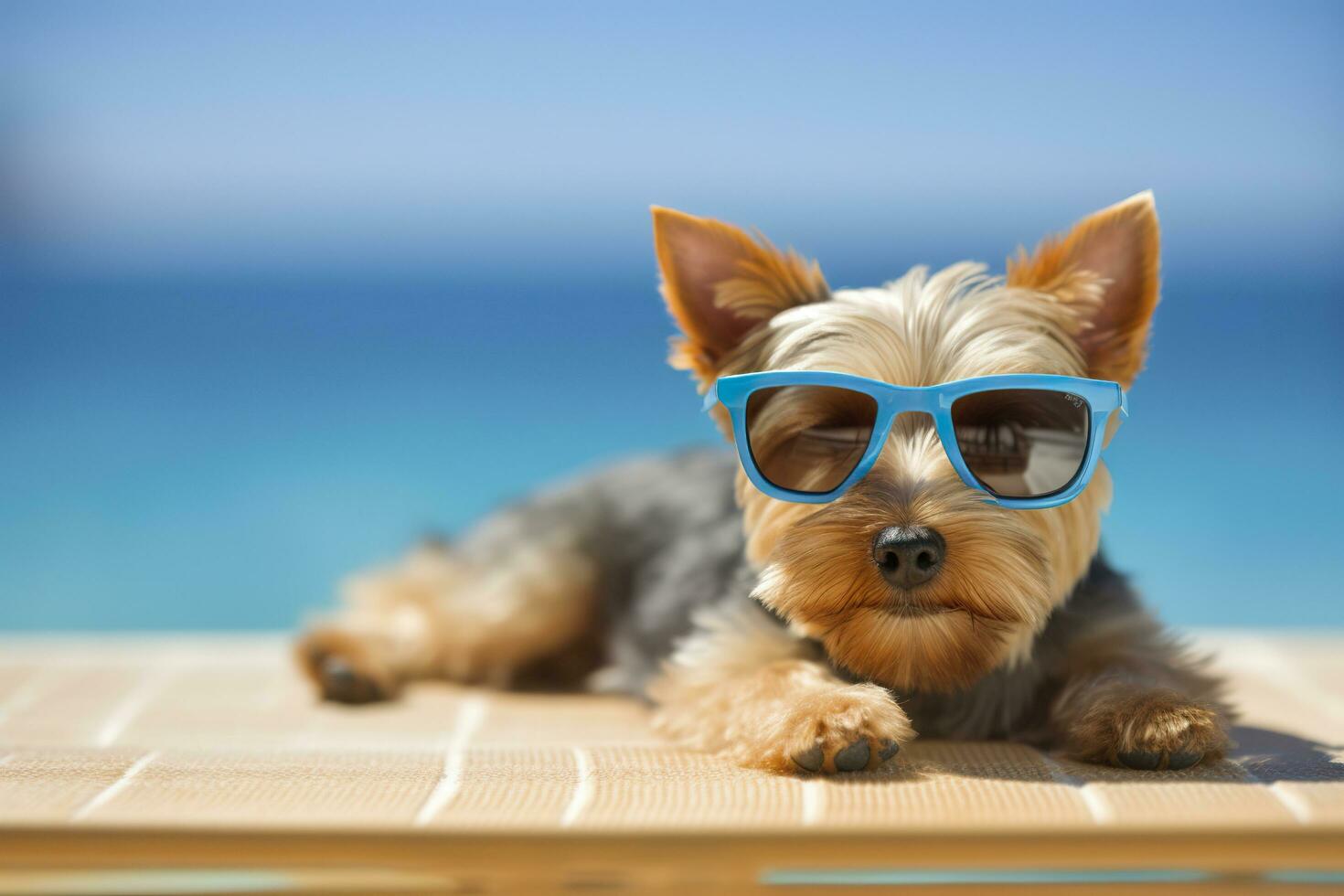 hond puppy vervelend zonnebril, aan het liegen Aan een zonnebank naar zonnebaden Bij de strand zee Aan zomer vakantie, vakantie. grappig concept. ai generatief foto