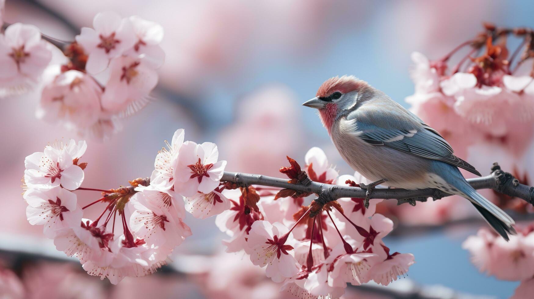 vogelstand zittend in een boom gevulde met kers bloesem bloemen. generatief ai foto