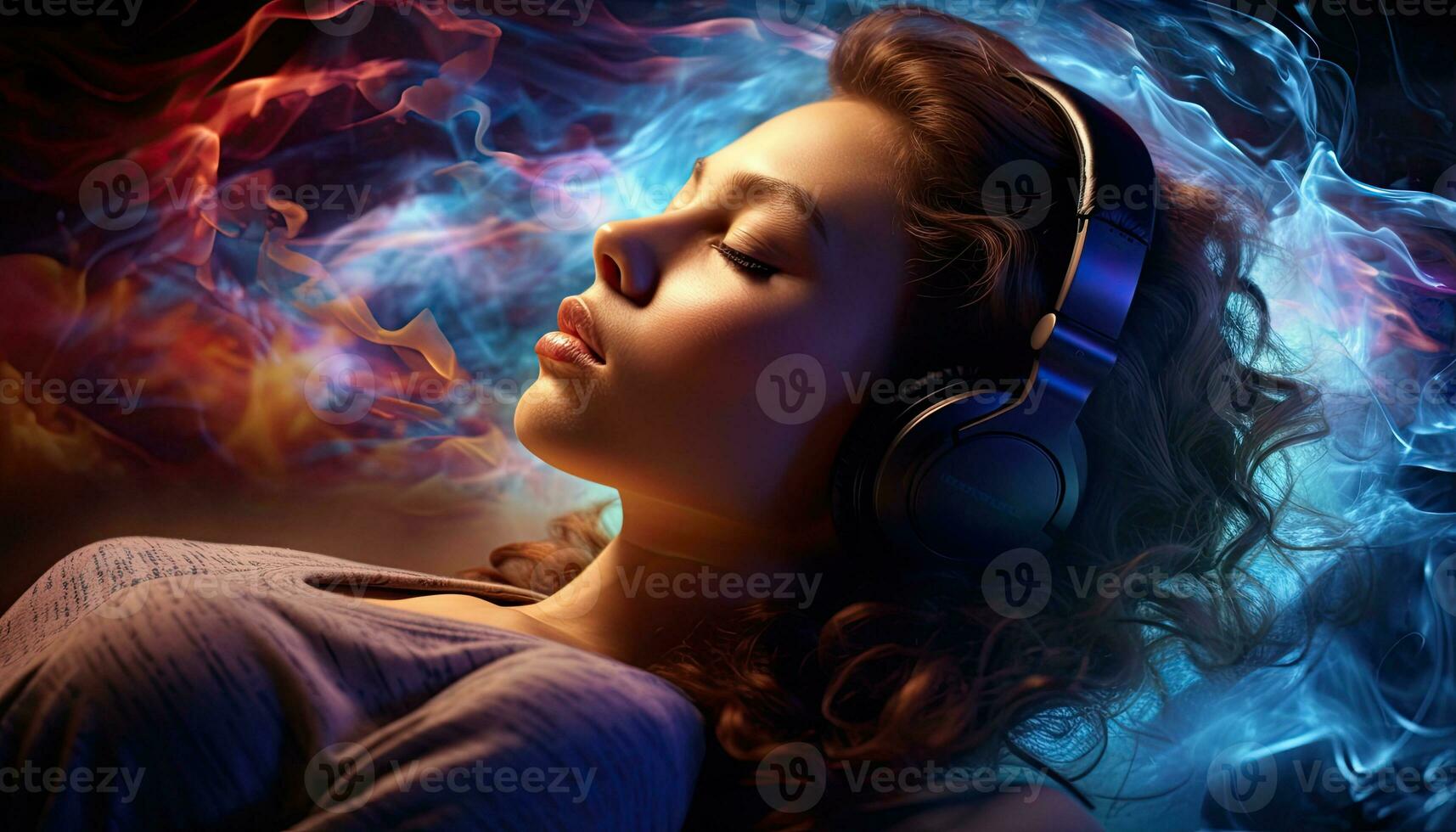 jong vrouw in hoofdtelefoons luisteren naar muziek, genezing behandeling en meditatie, muziek- naar verbeteren Gezondheid en goed het zijn, kan helpen uw meditatie en ontspanning. generatief ai foto