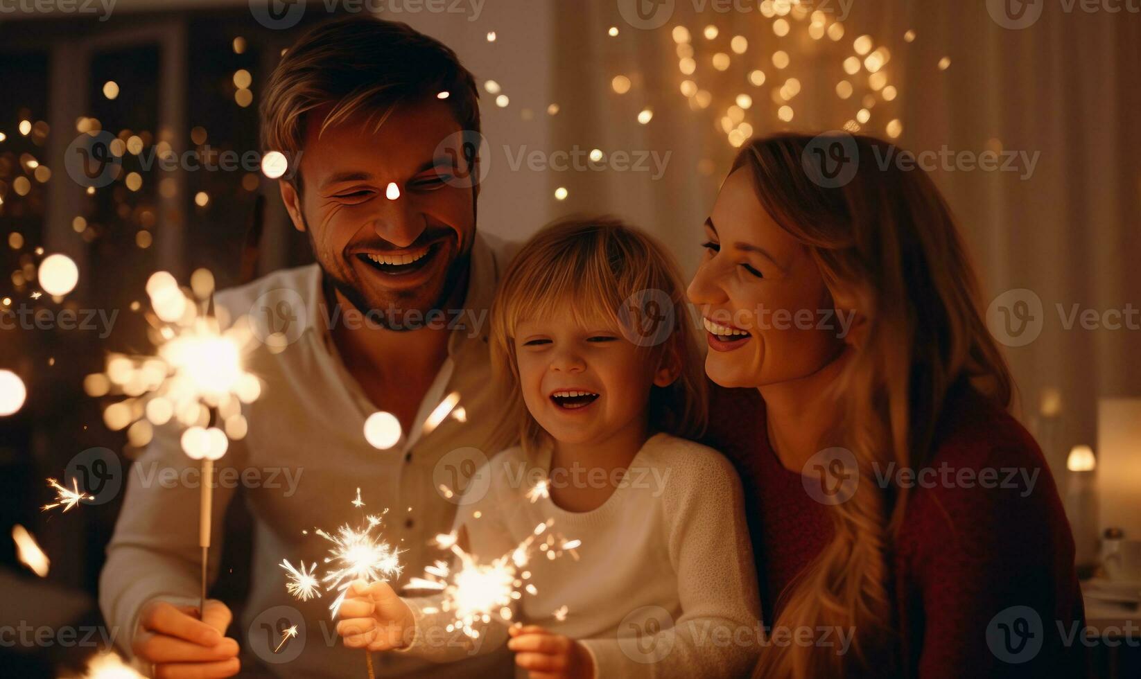 gelukkig familie met Kerstmis sterretjes Bij huis ai gegenereerd foto