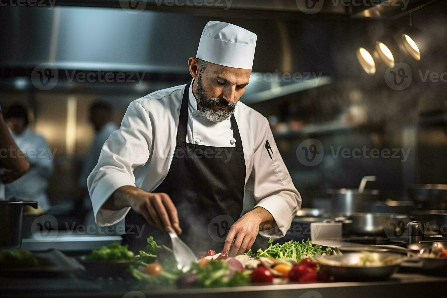 professioneel chef Koken in de keuken restaurant. fijnproever chef portie voedsel Aan borden in een reclame keuken. generatief ai. foto