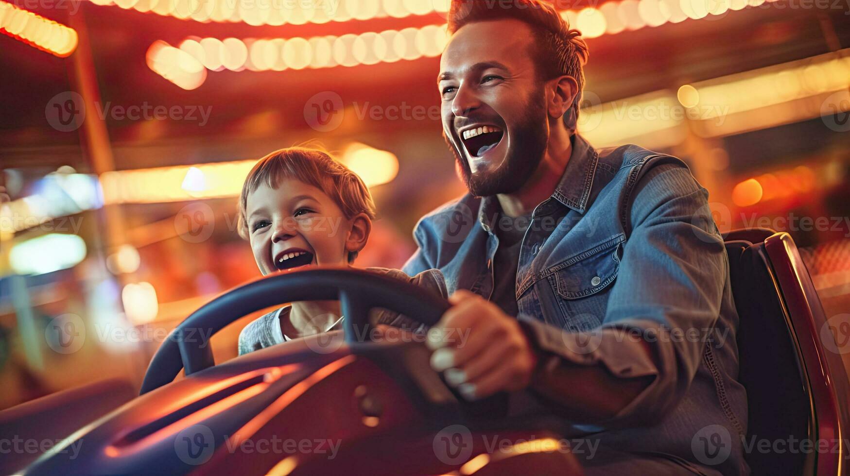 vrolijk vader en zoon en hebben pret terwijl het rijden een bumper auto in een amusement park. generatief ai foto