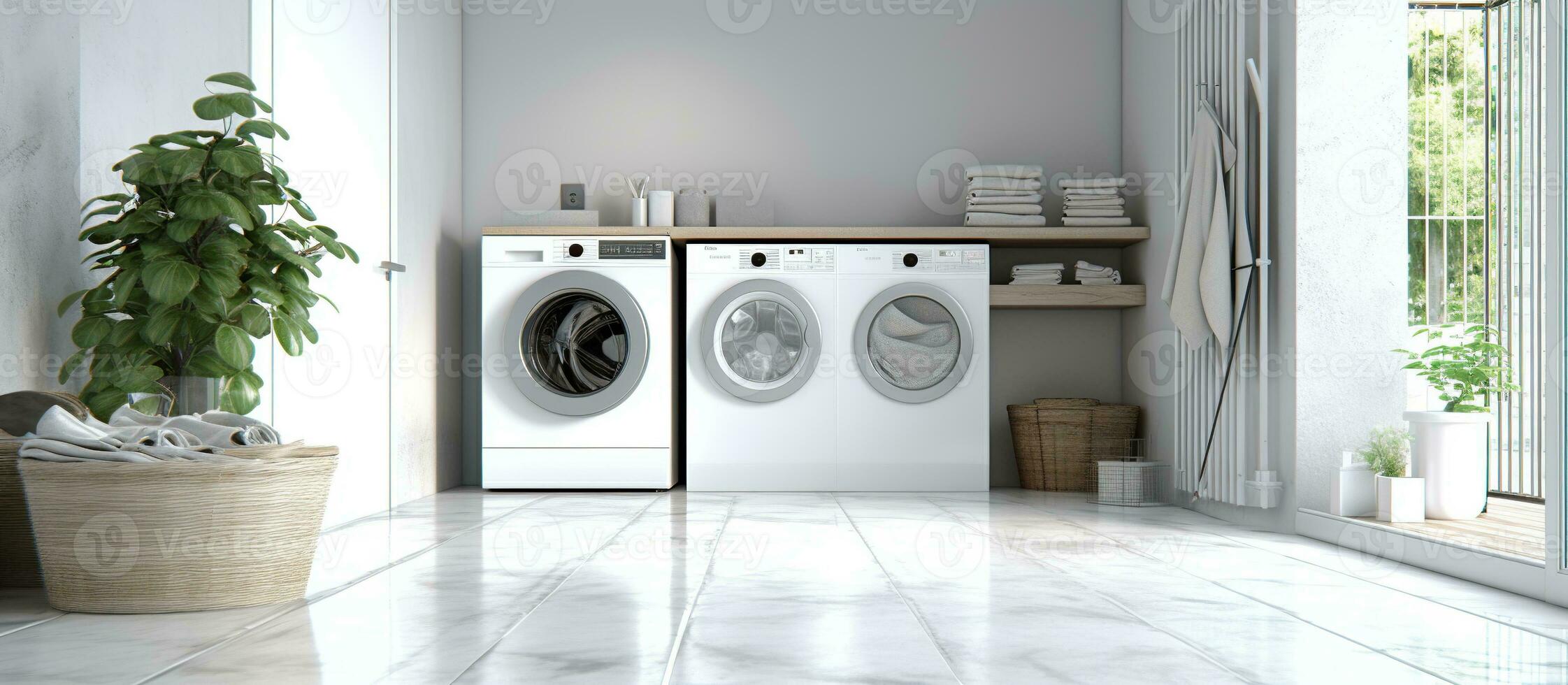 wit wazig huis wasserij kamer met modern het wassen machine foto