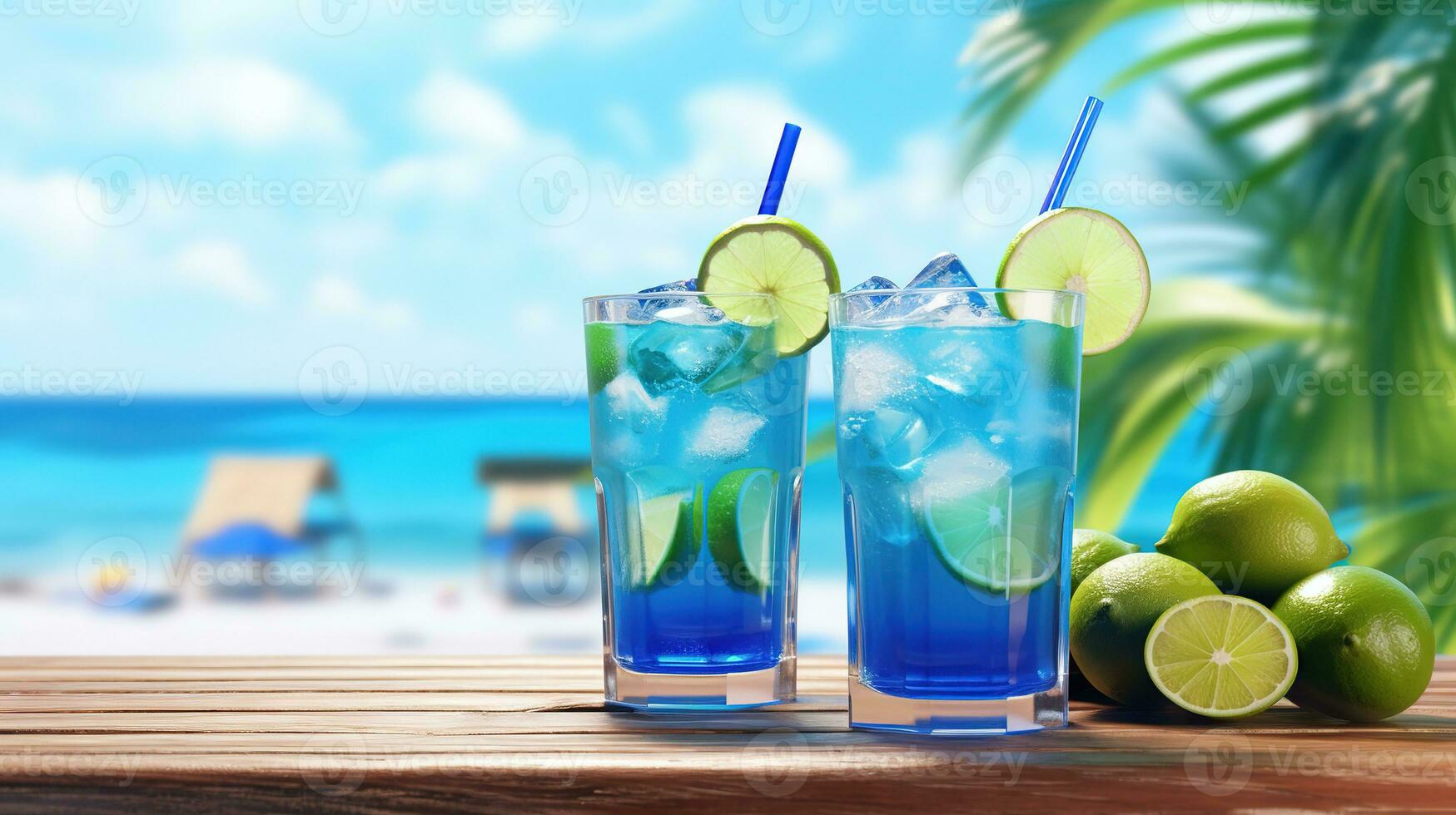 twee blauw cocktails met een zomer achtergrond. ai generatief foto