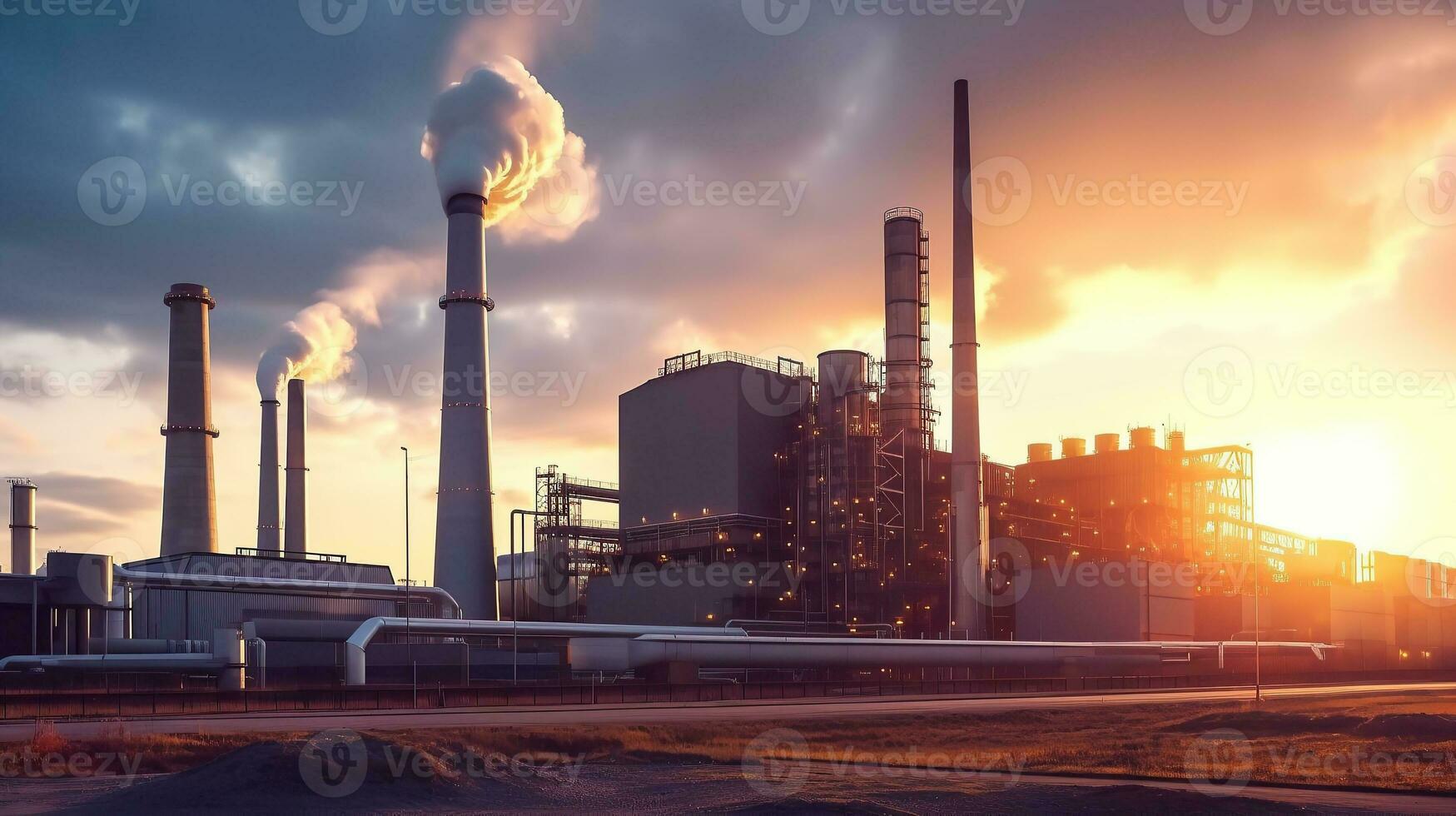 gloed licht van petrochemisch industrie Aan zonsondergang generatief ai foto