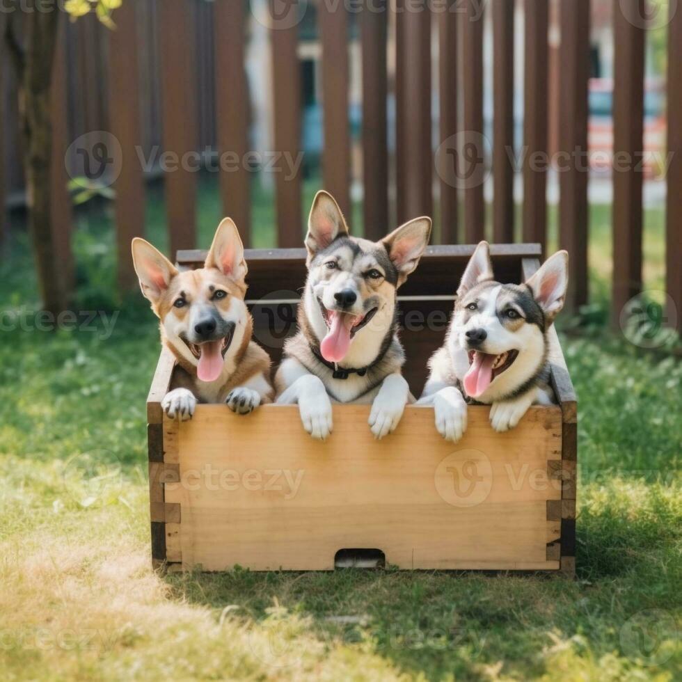 grappig honden in een doos. ai gegenereerd. huisdieren. wereld dakloos dieren dag foto