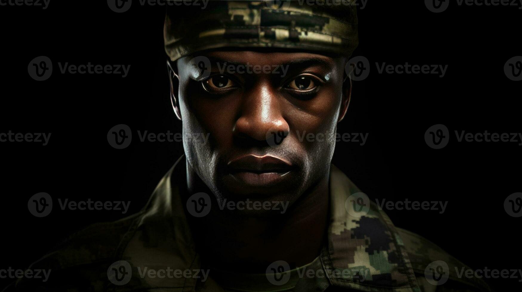 Afrikaanse Mens vervelend camouflage uniform. portret van zwart soldaat. generatief ai foto