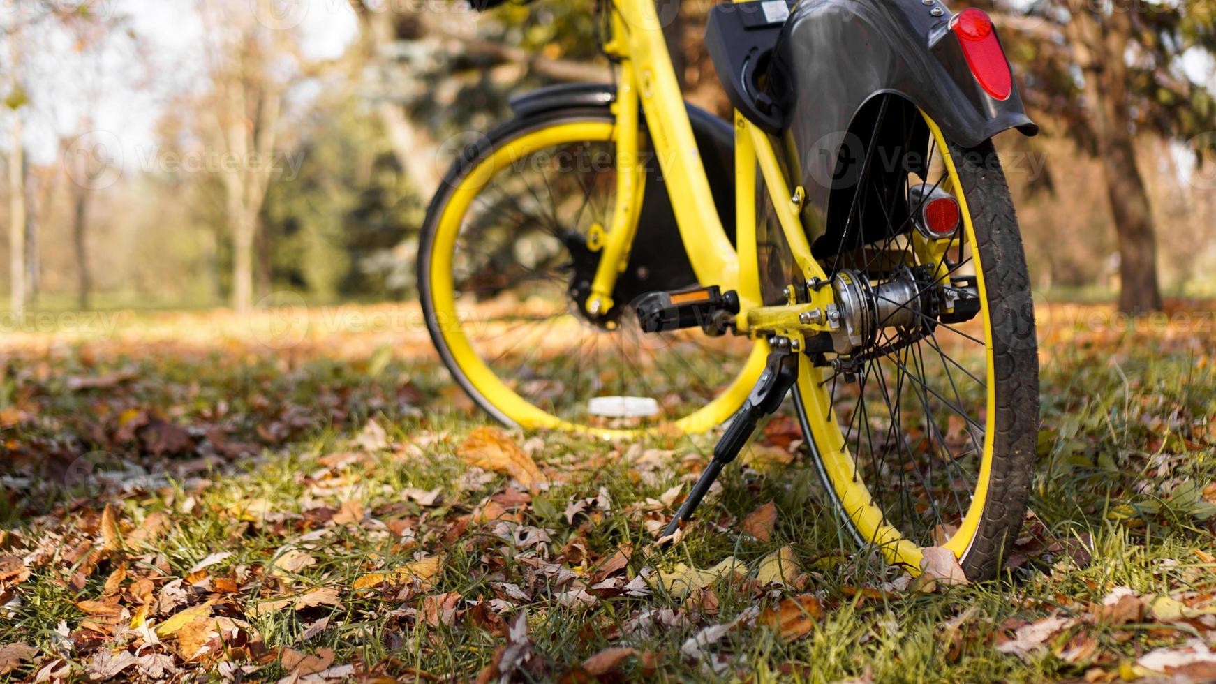 gele fiets met gevallen bladeren in de ondergaande zon. herfst park foto