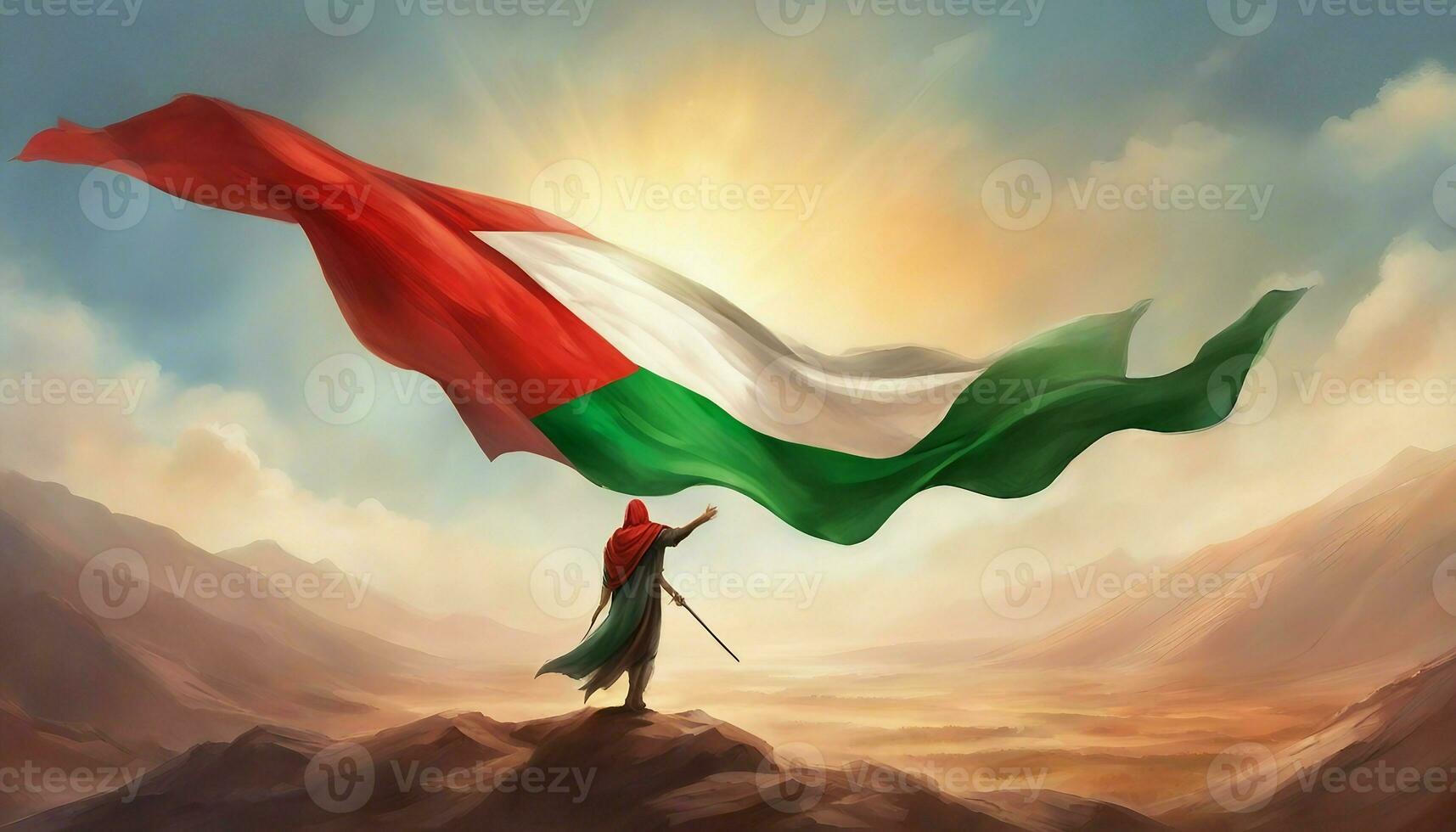 een Mens houdt een Palestijn vlag in voorkant van een al aqsa moskee. superheld of krijger vervelend een Palestina vlag naar opslaan de Gaza. foto