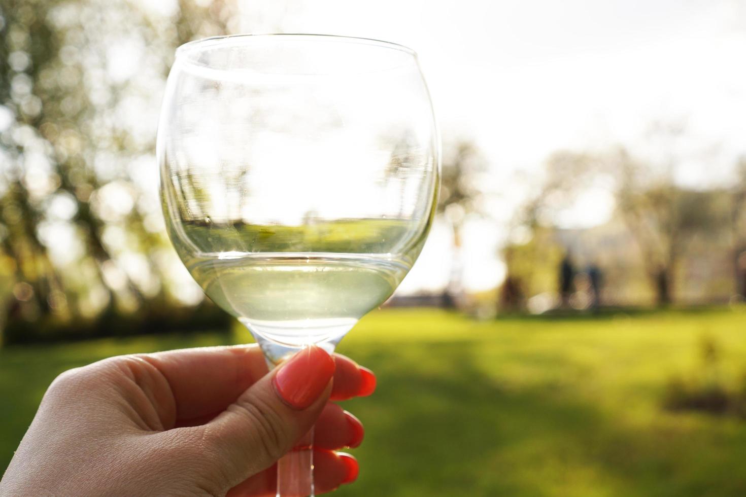 vrouwenhand die een glas witte wijn houdt foto