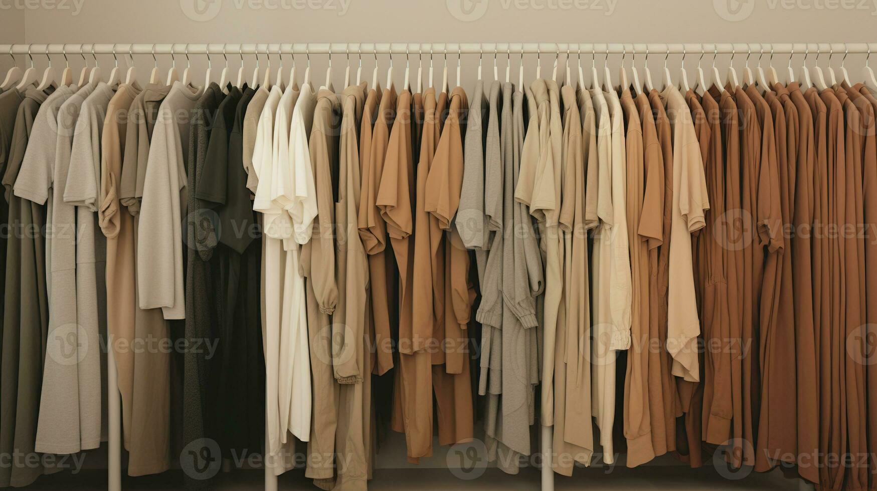 generatief ai, kleding op te slaan esthetisch achtergrond, foto van kleren hangende Aan hangers, gedempt neutrale kleuren