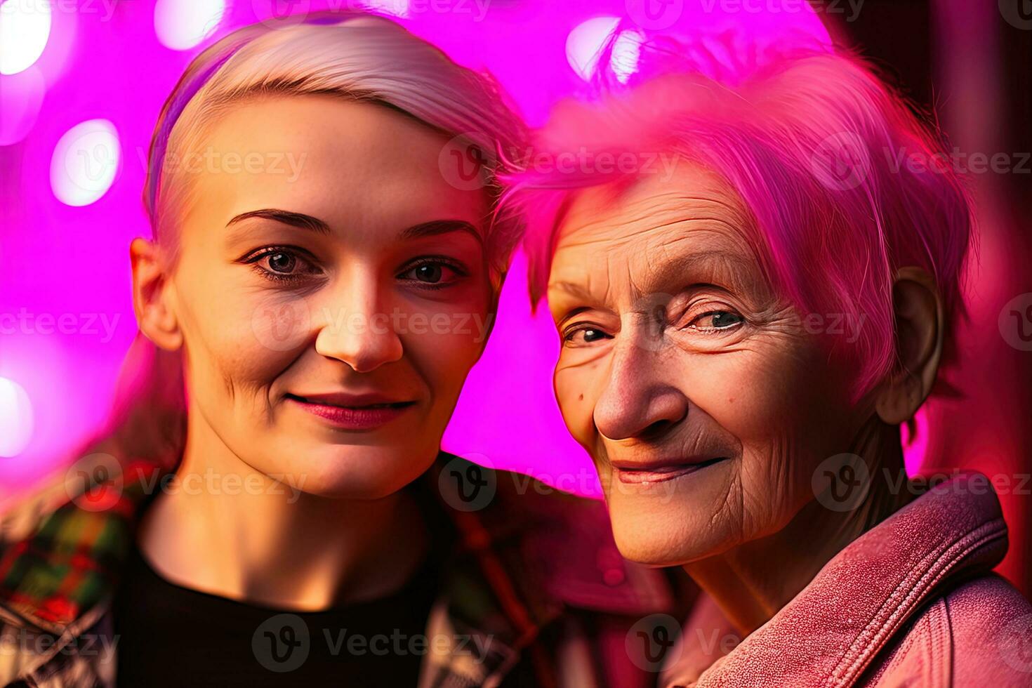 portret selfie van twee vrouw tekens met roze haar, modern mode, grootmoeder en kleindochter. generatief ai. foto