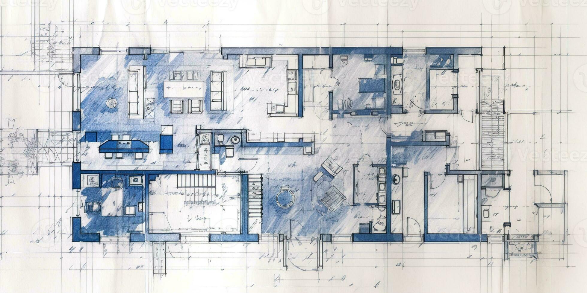 generatief ai, blauw afdrukken verdieping plan, bouwkundig achtergrond, technisch trek foto