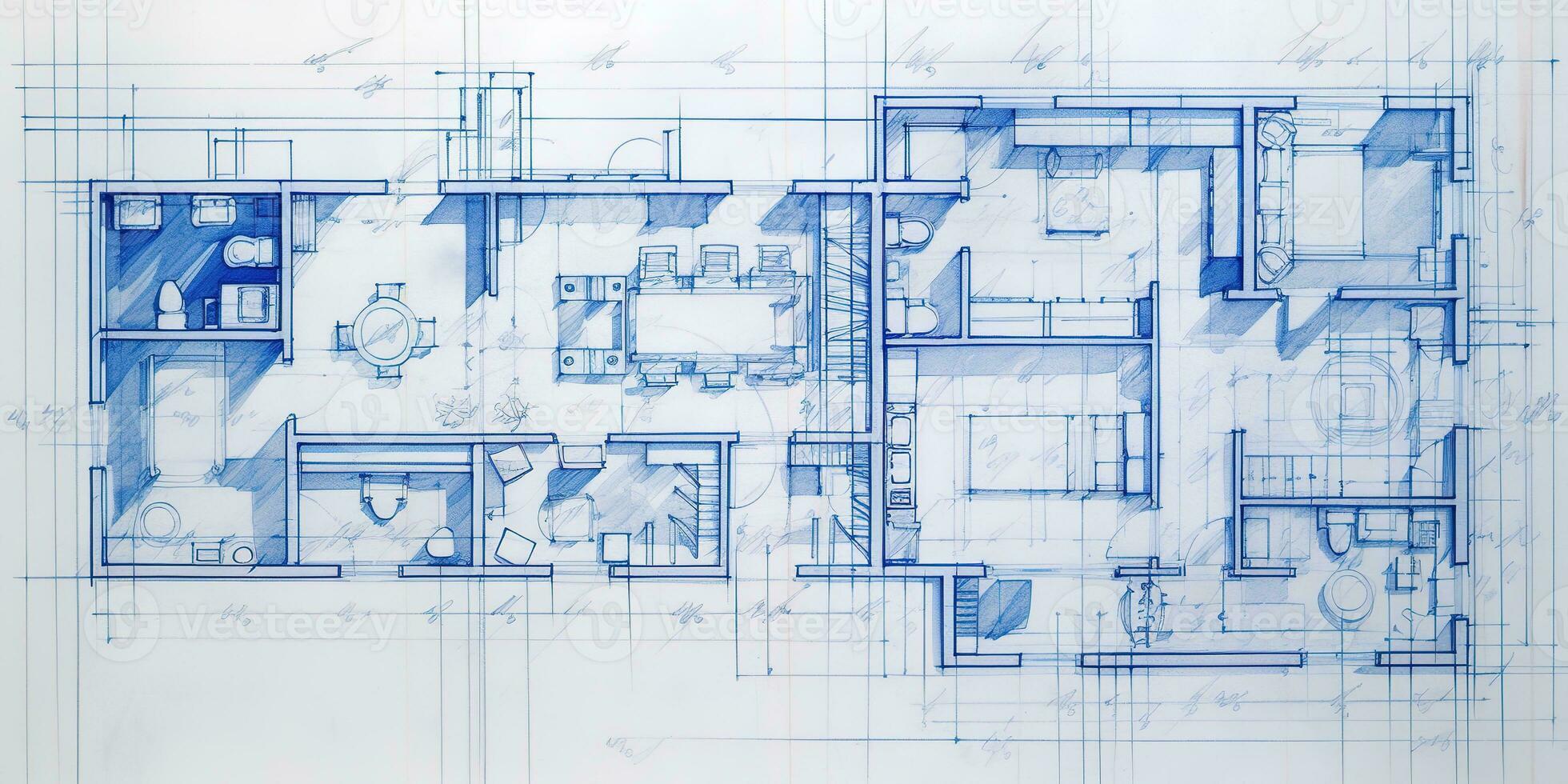 generatief ai, blauw afdrukken verdieping plan, bouwkundig achtergrond, technisch trek foto