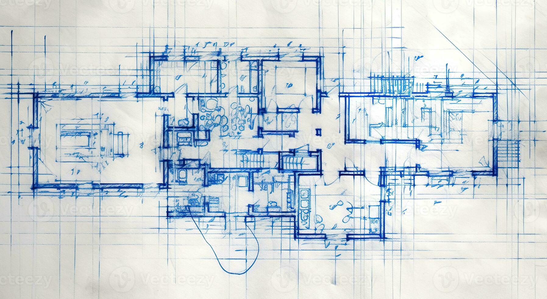 generatief ai, blauw afdrukken verdieping plan, bouwkundig achtergrond, technisch trek foto