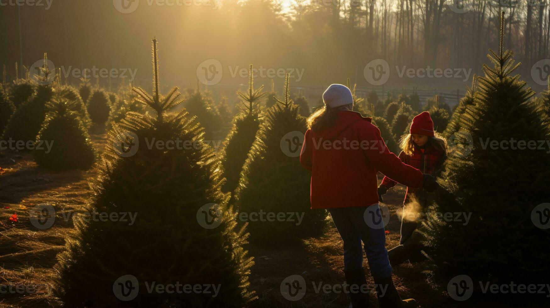 ai generatief paren zoeken en snijdend samen de Rechtsaf pijnboom boom voor kerstmis, vroeg ochtend- zonneschijn foto