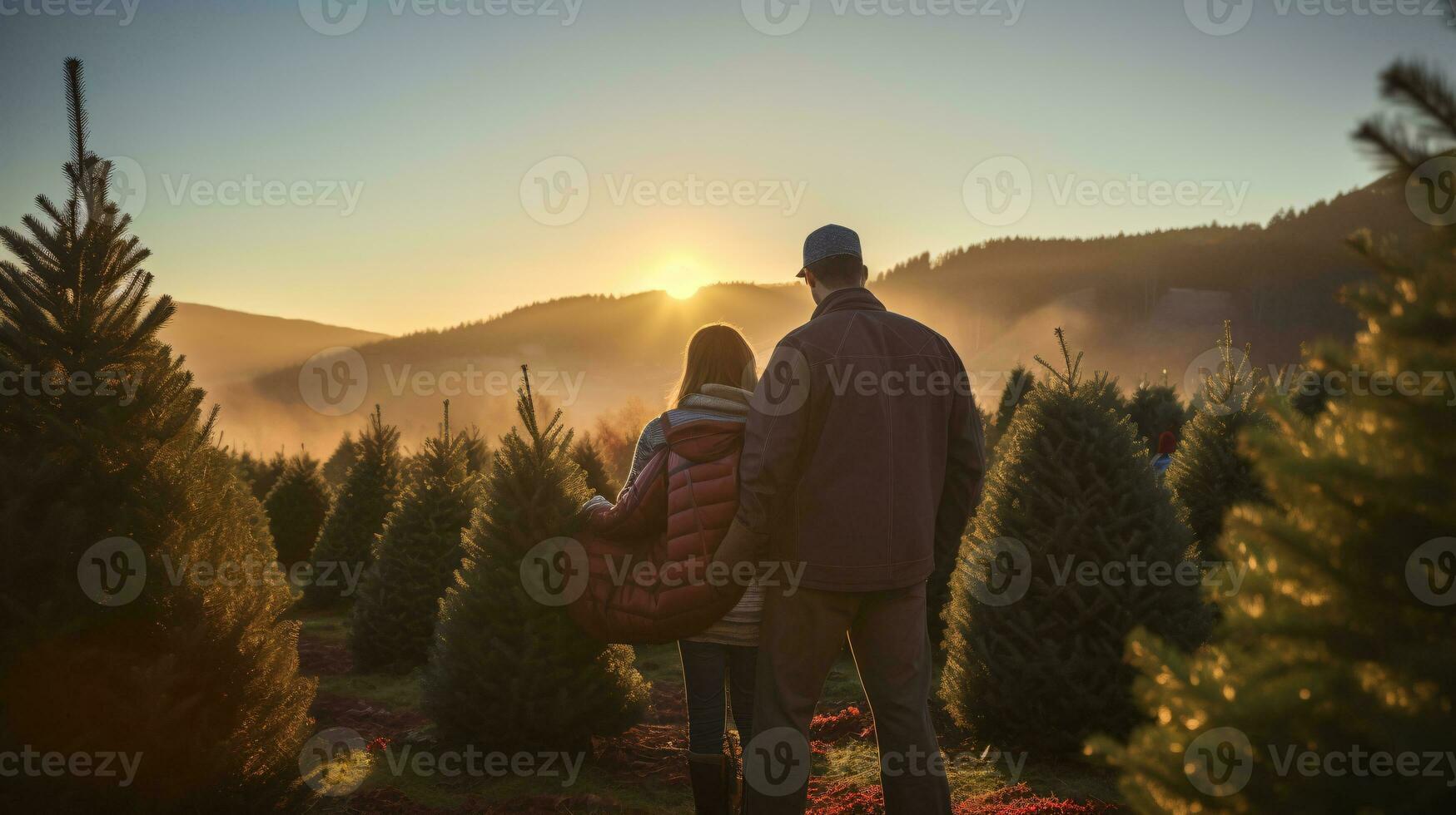 ai generatief paren zoeken en snijdend samen de Rechtsaf pijnboom boom voor kerstmis, vroeg ochtend- zonneschijn foto