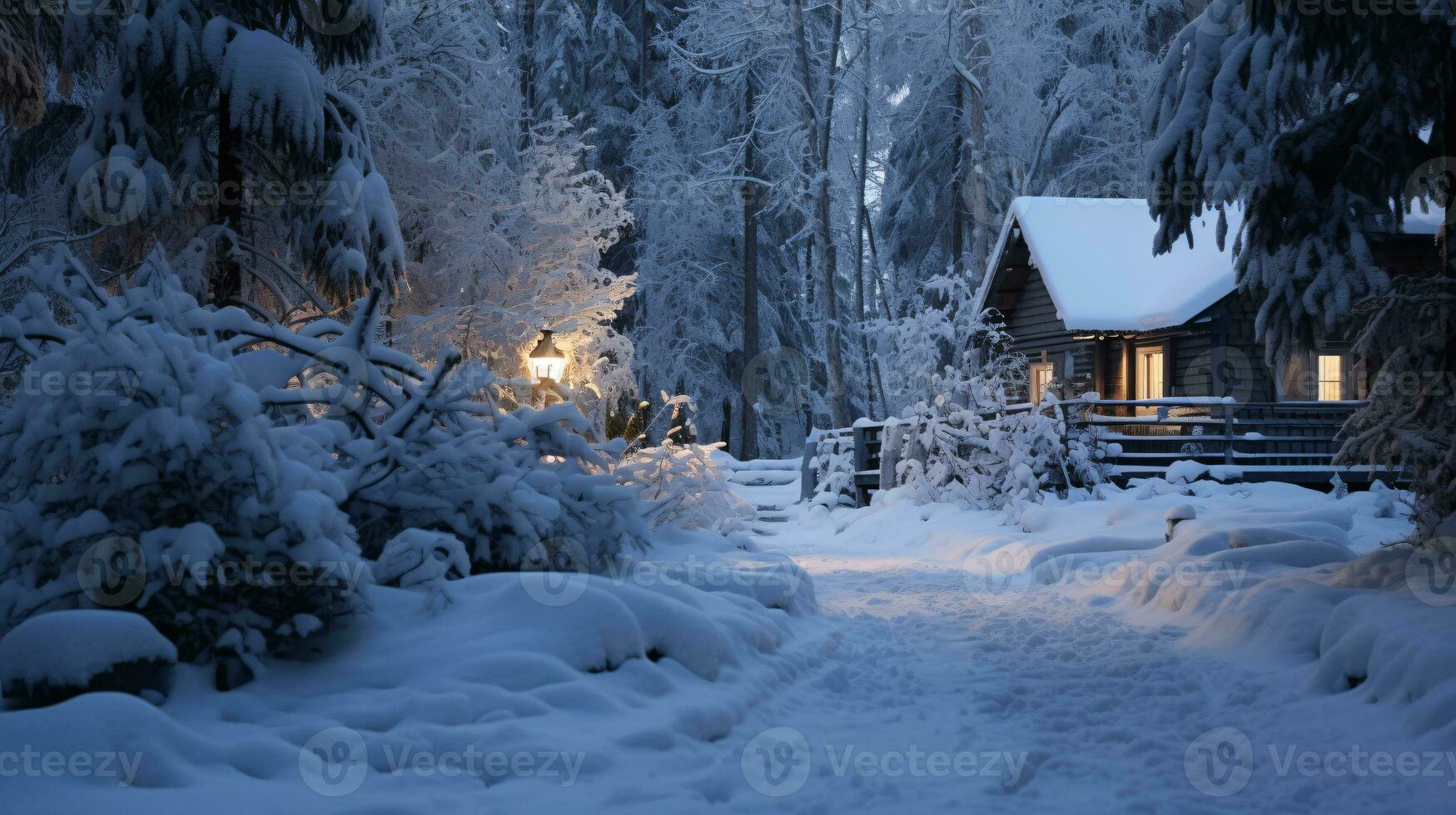 ai generatief pijnboom Woud in winter ineengedoken met een dik wit sneeuw deken foto