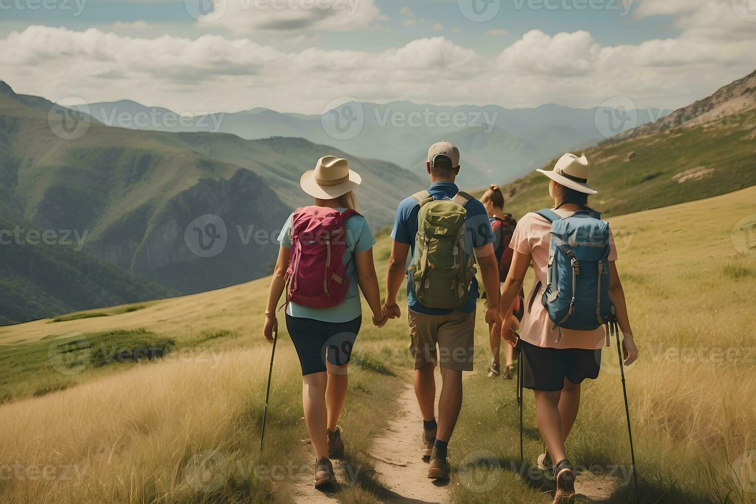 wandelaar wandelen samen in de bergen in de vakantie reis week, wandelen in de mooi Amerikaans natuur, generatief ai foto