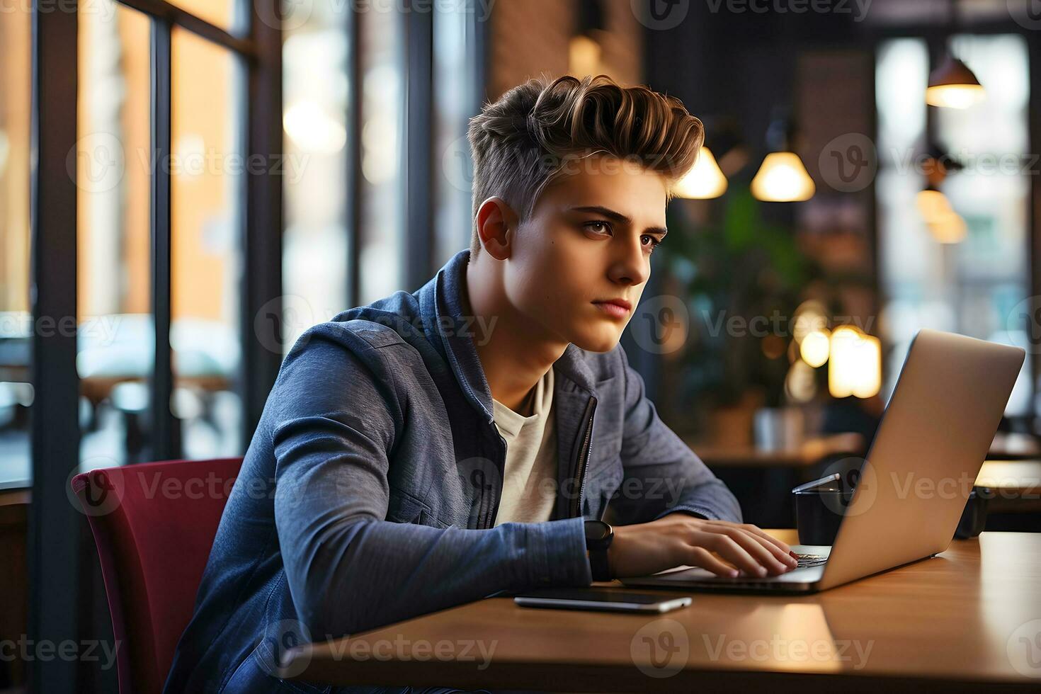 leerling werken Aan een laptop, de leerling met de computer in een cafe Bij de tafel, generatief ai foto